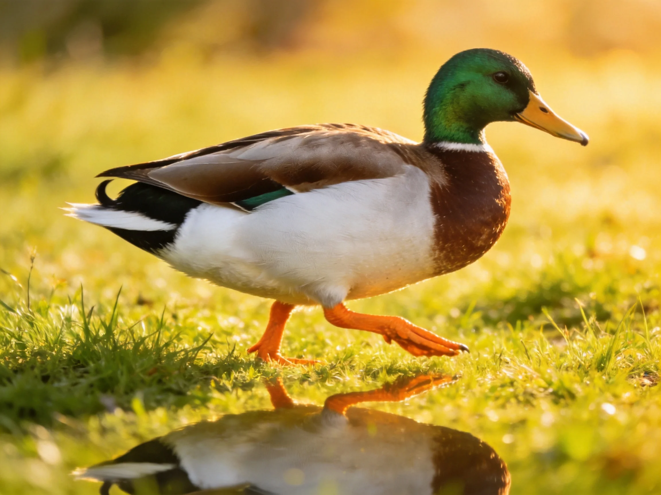 A mallard duck with green head walks on sunlit grass near water reflection