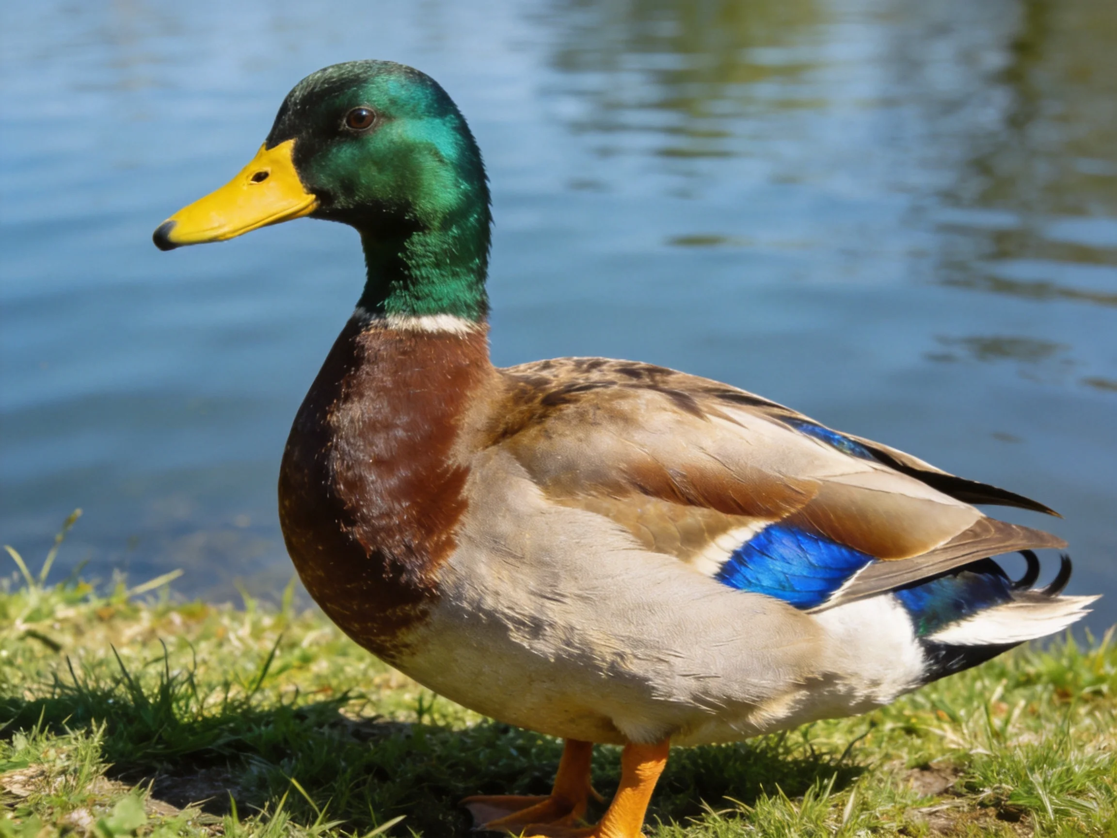 A mallard duck with green head, yellow beak, and blue wing patch by calm water