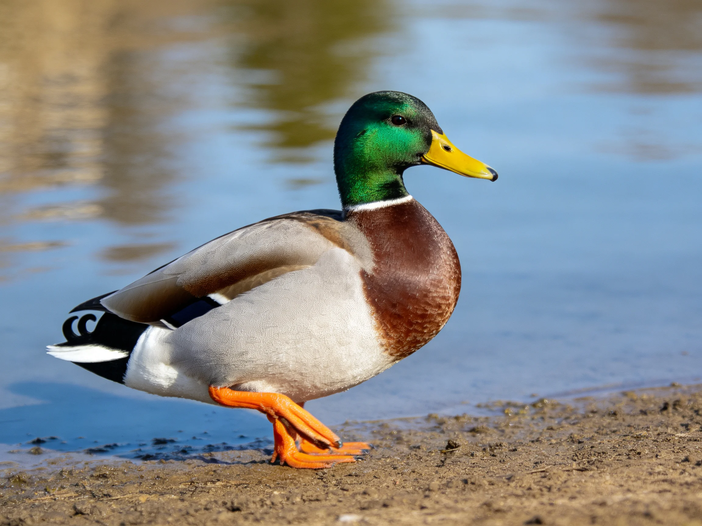 A mallard duck with green head, yellow beak, and orange feet near water