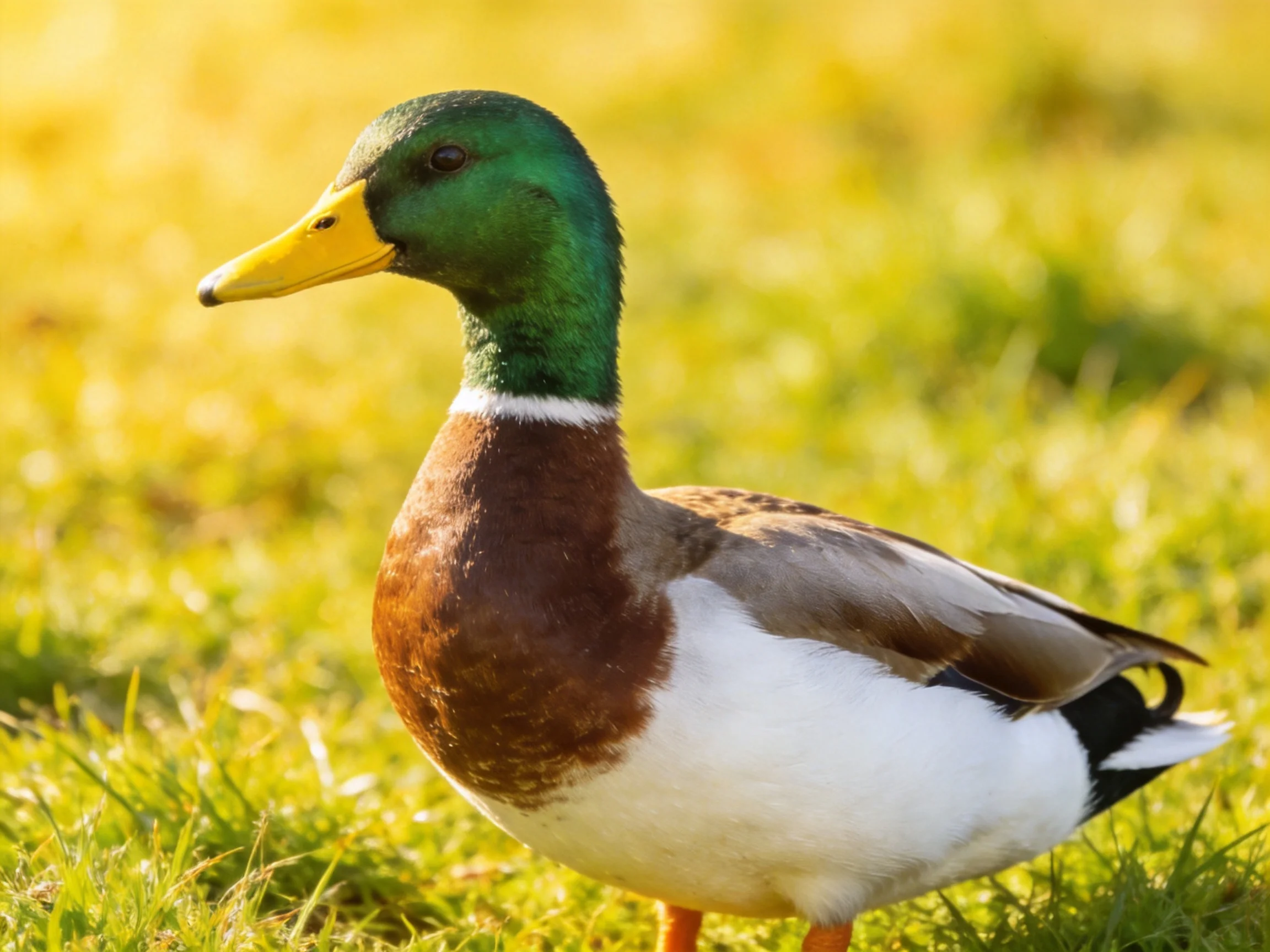 A mallard duck with green head, yellow beak, brown chest, on grass