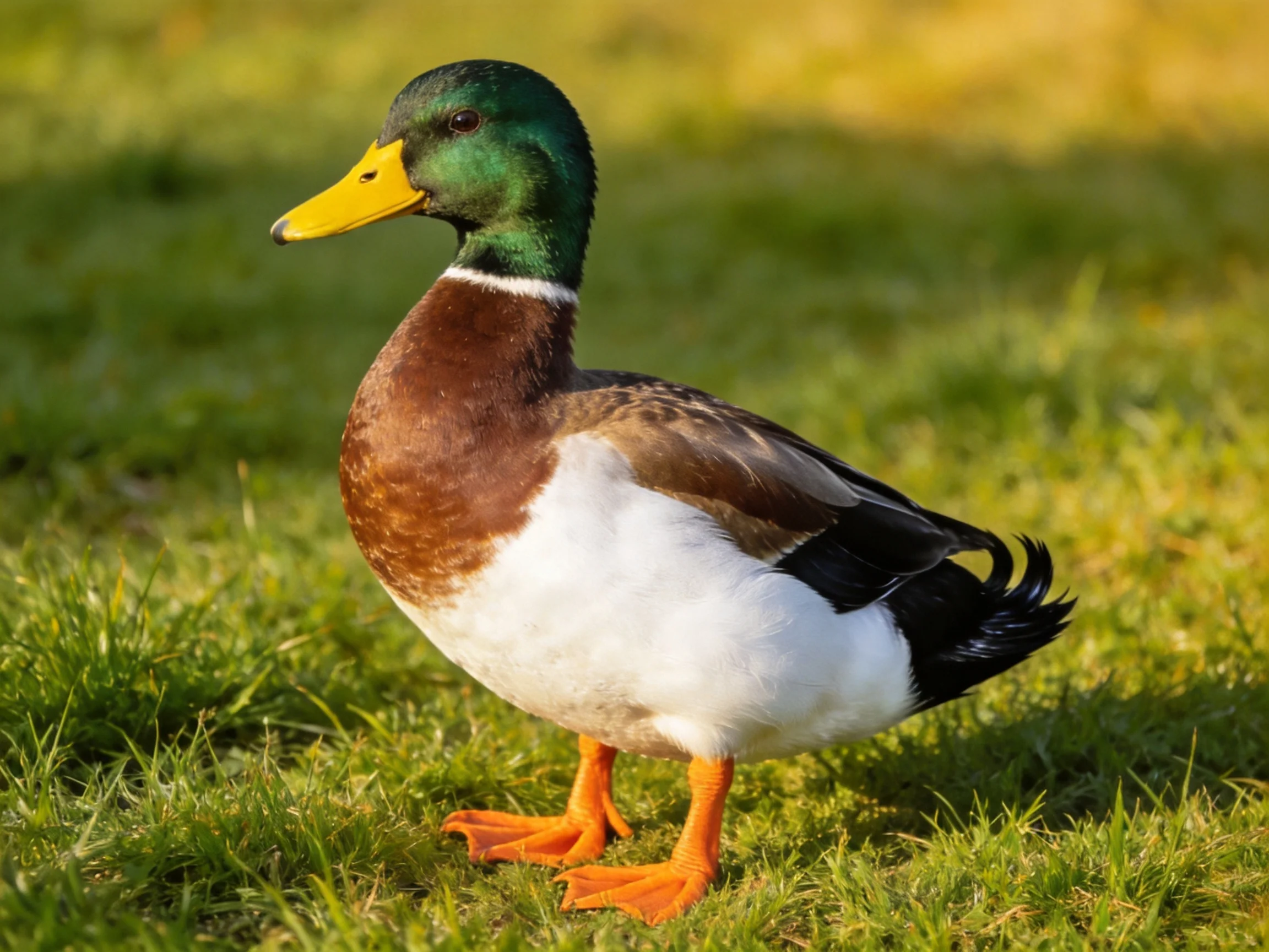 A mallard duck with green head, yellow beak, brown chest, white belly on grass