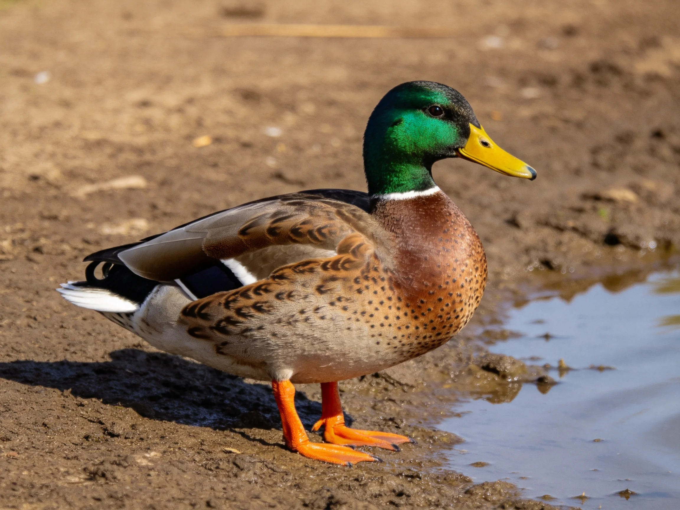 A mallard duck with green head, yellow beak, near muddy shore