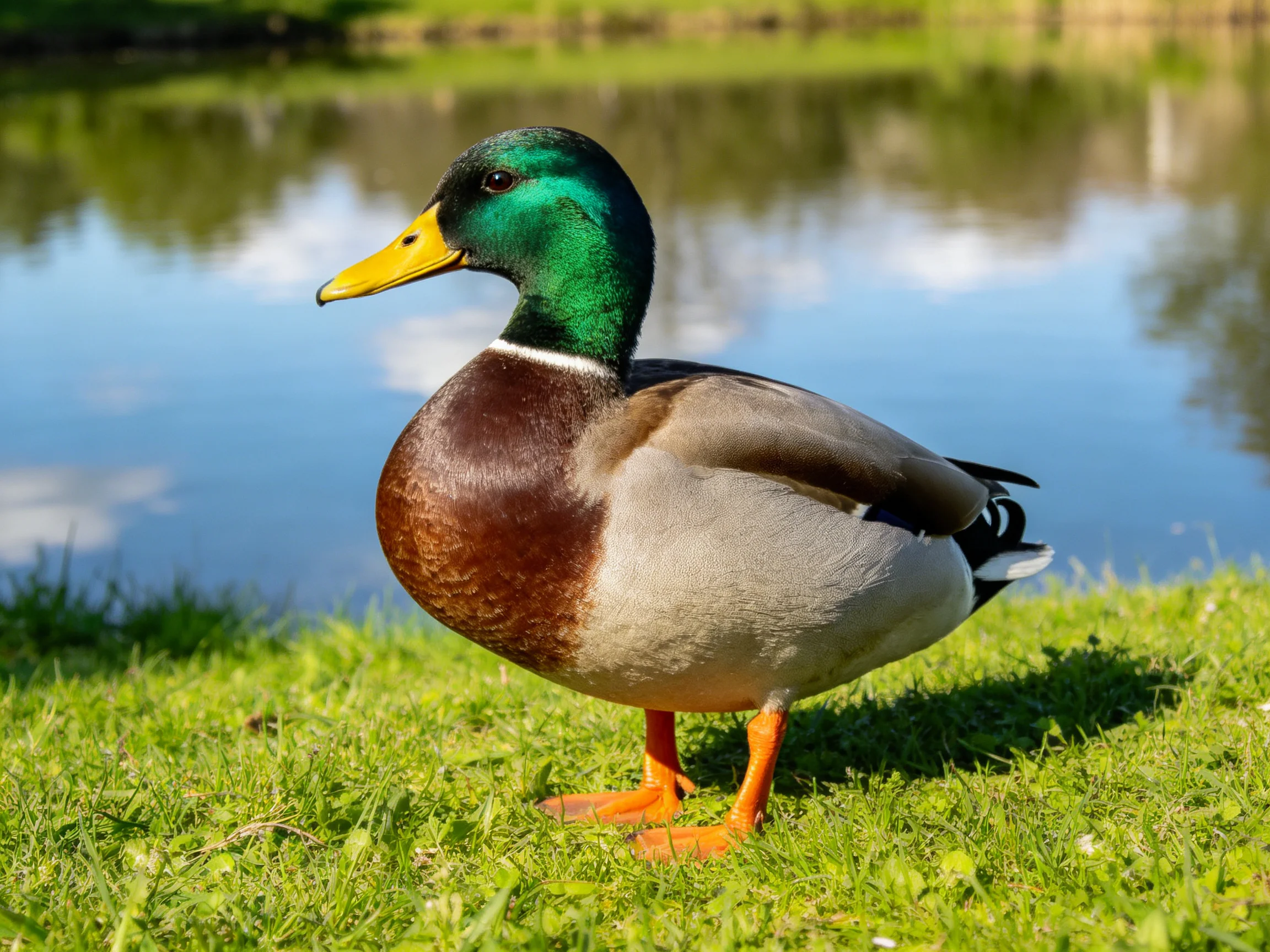 A mallard duck with green head, yellow beak, orange feet, near calm water