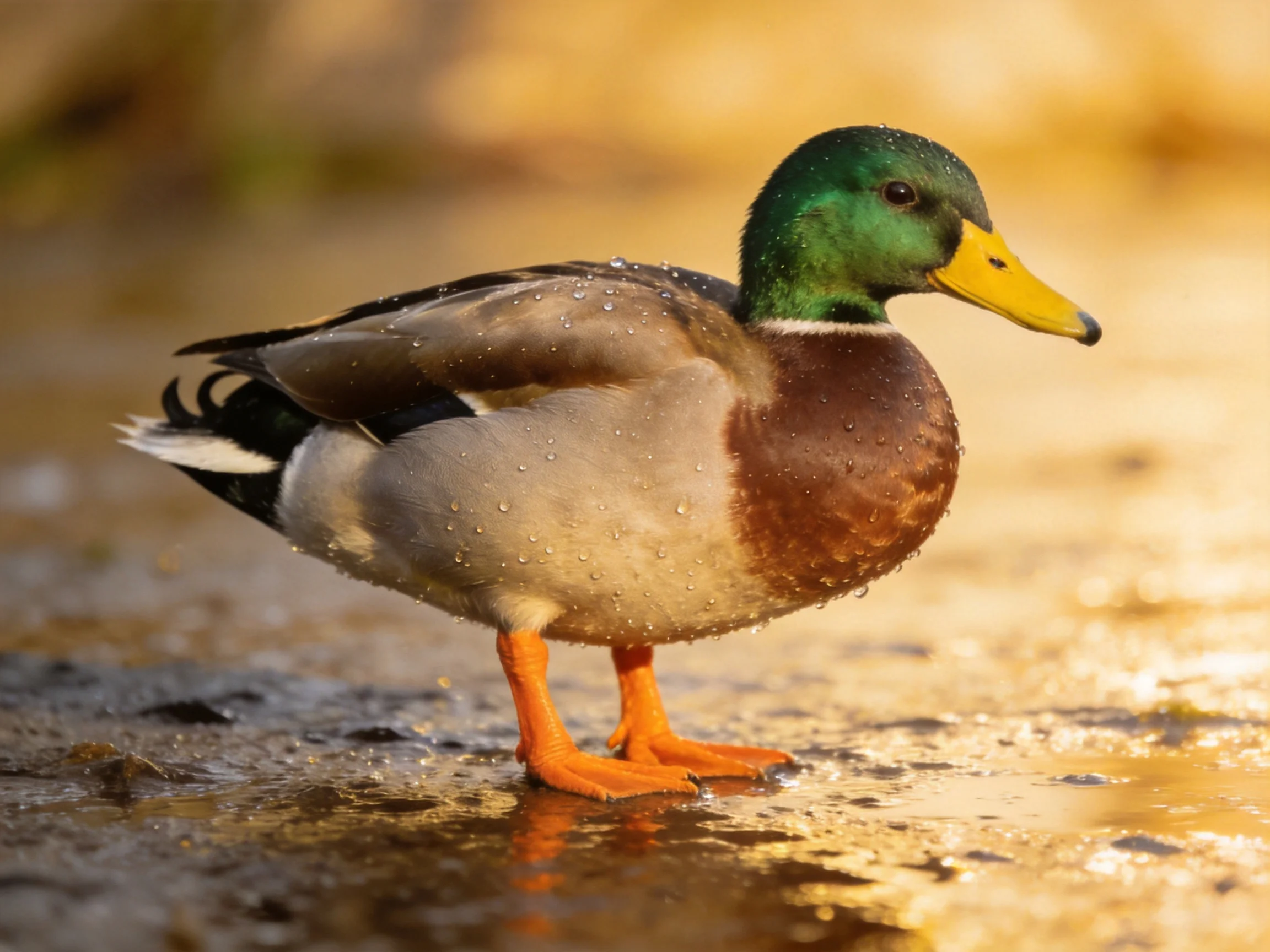 A mallard duck with green head, yellow beak, orange feet, standing on wet terrain
