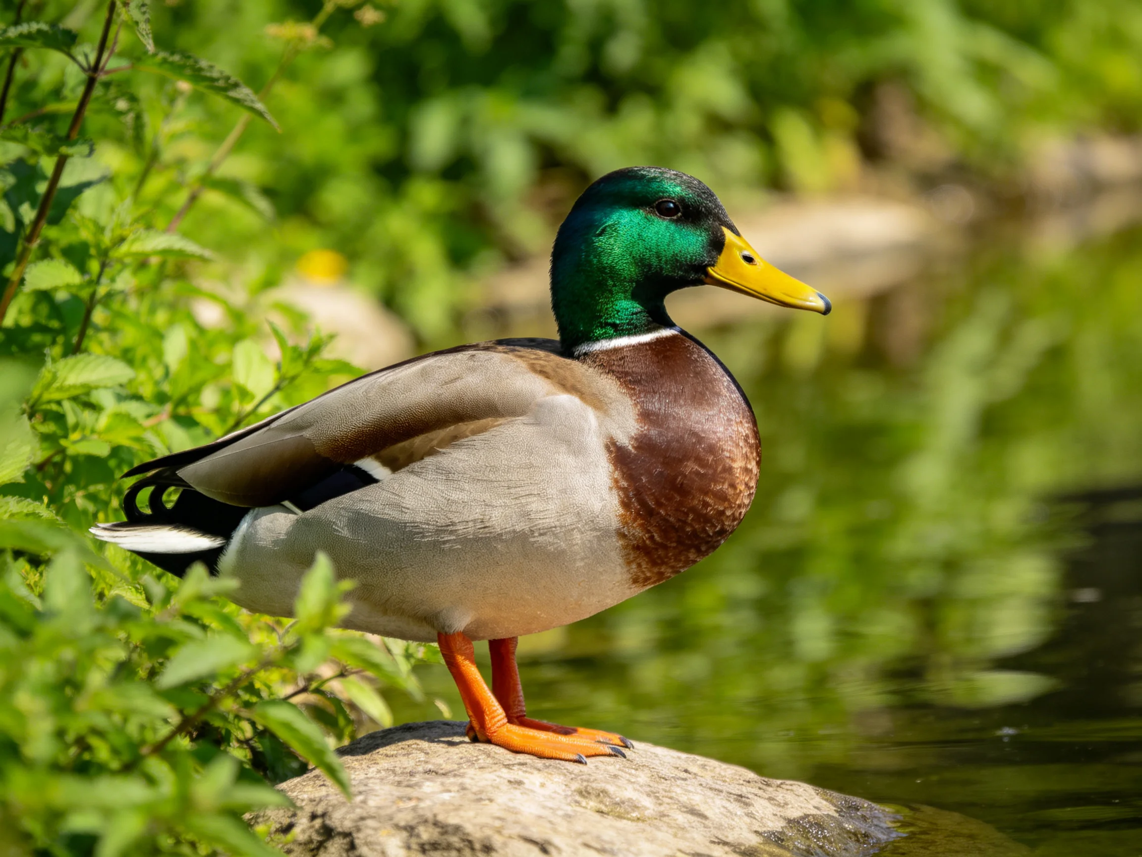 A mallard duck with green head, yellow beak, perched near water