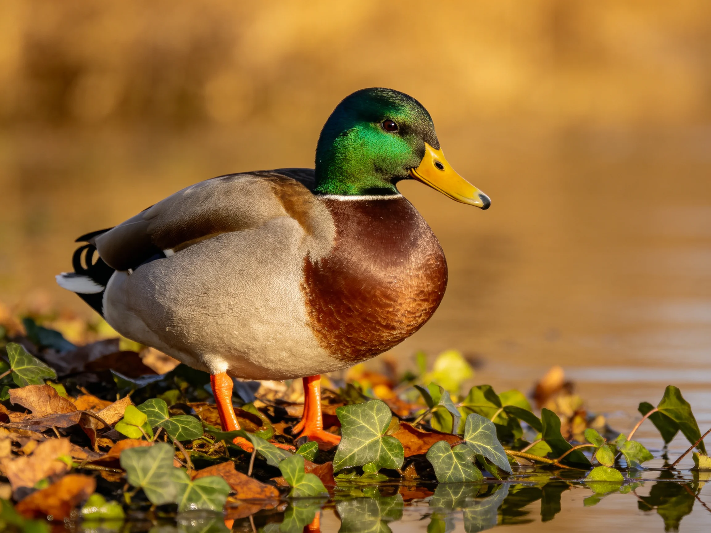 A mallard duck with green head, yellow beak, standing by water with foliage