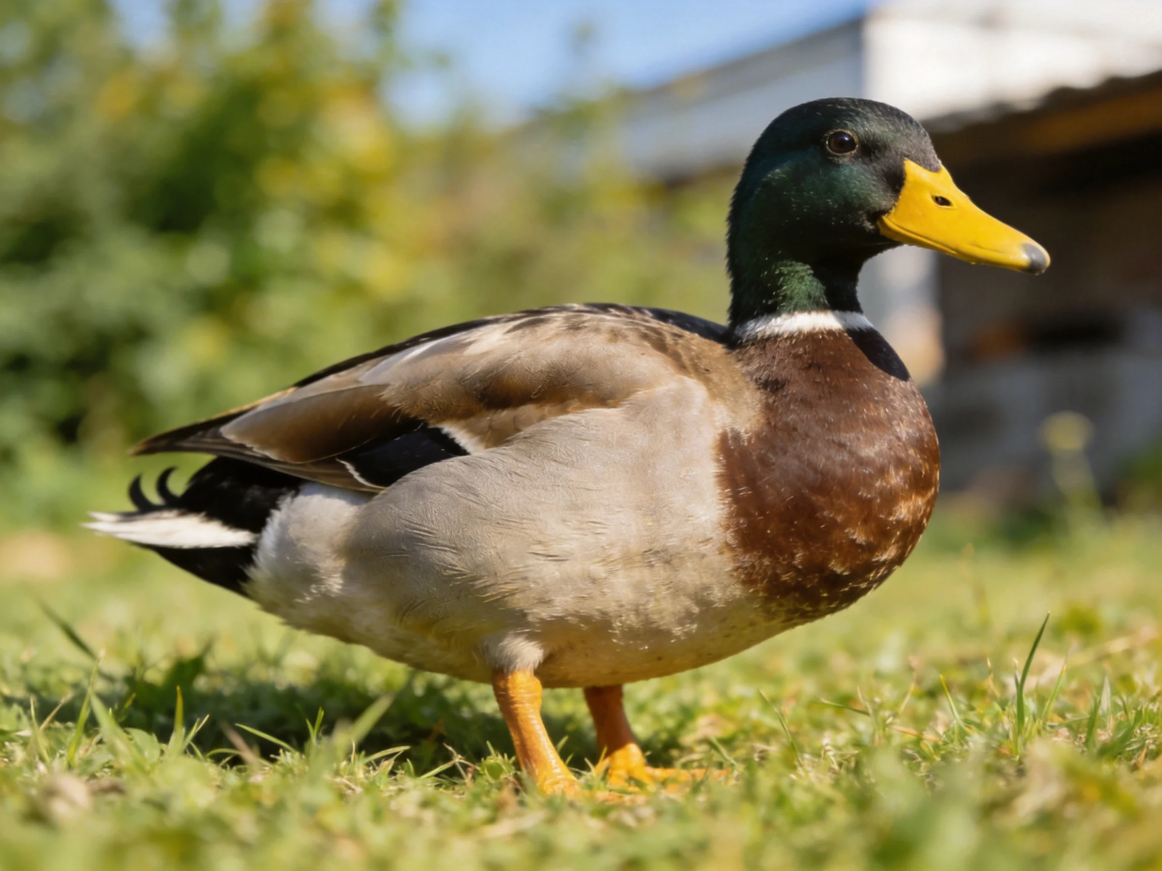 A mallard duck with green head, yellow beak, standing on grass