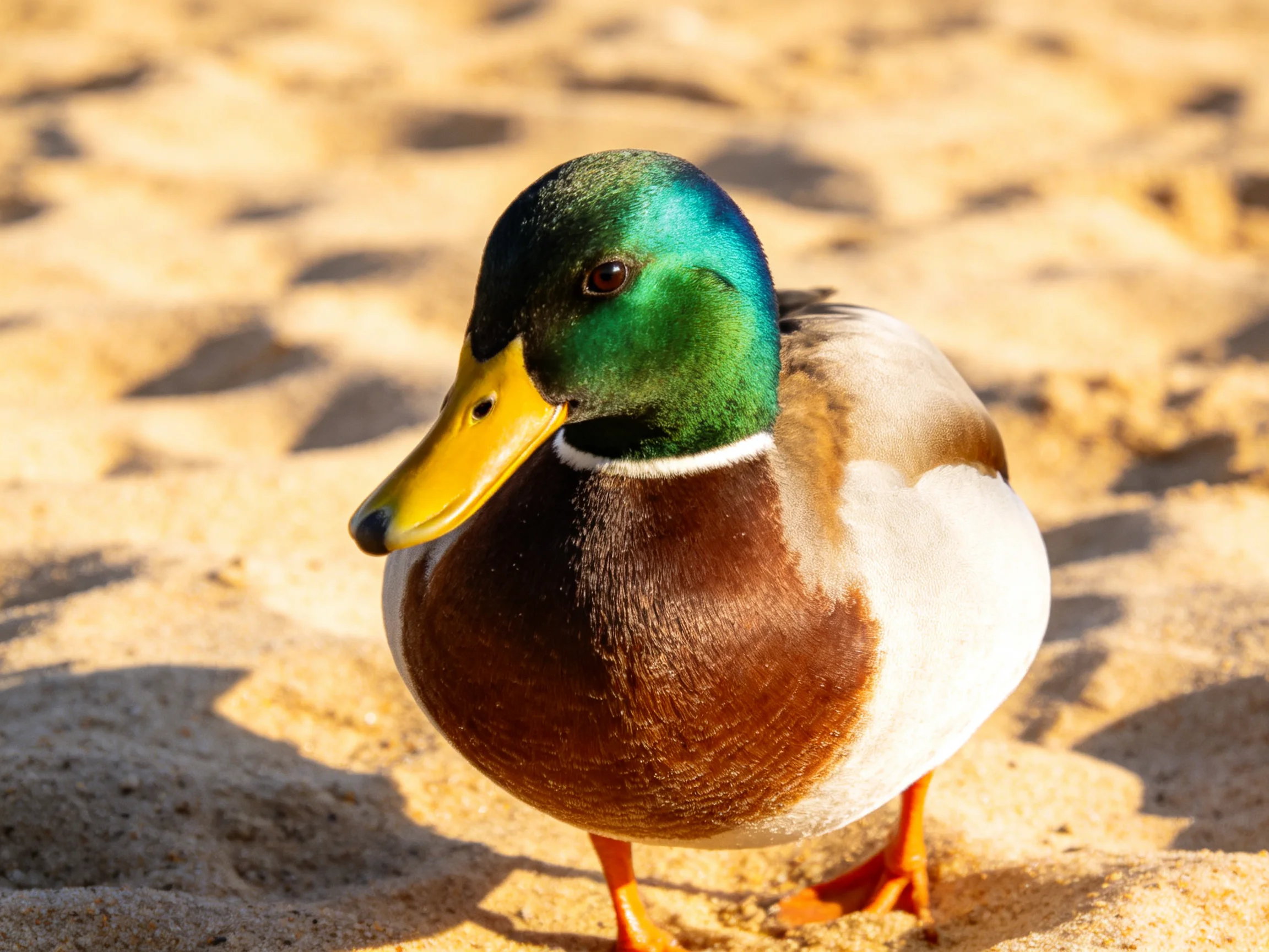 A mallard duck with green head, yellow bill, brown chest on sand