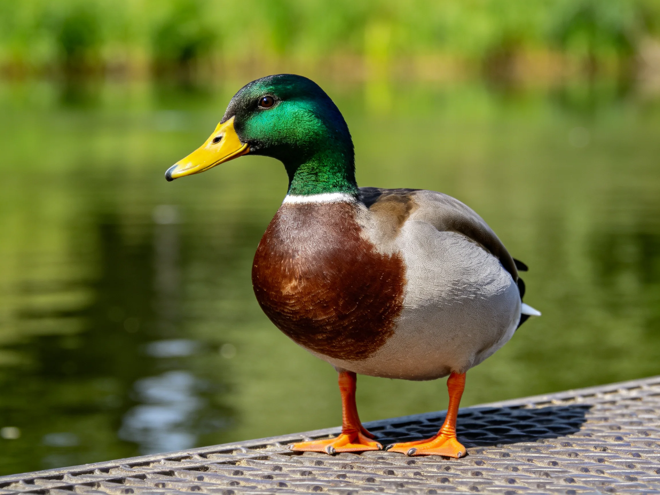 A mallard duck with green head, yellow bill, brown chest stands by calm water