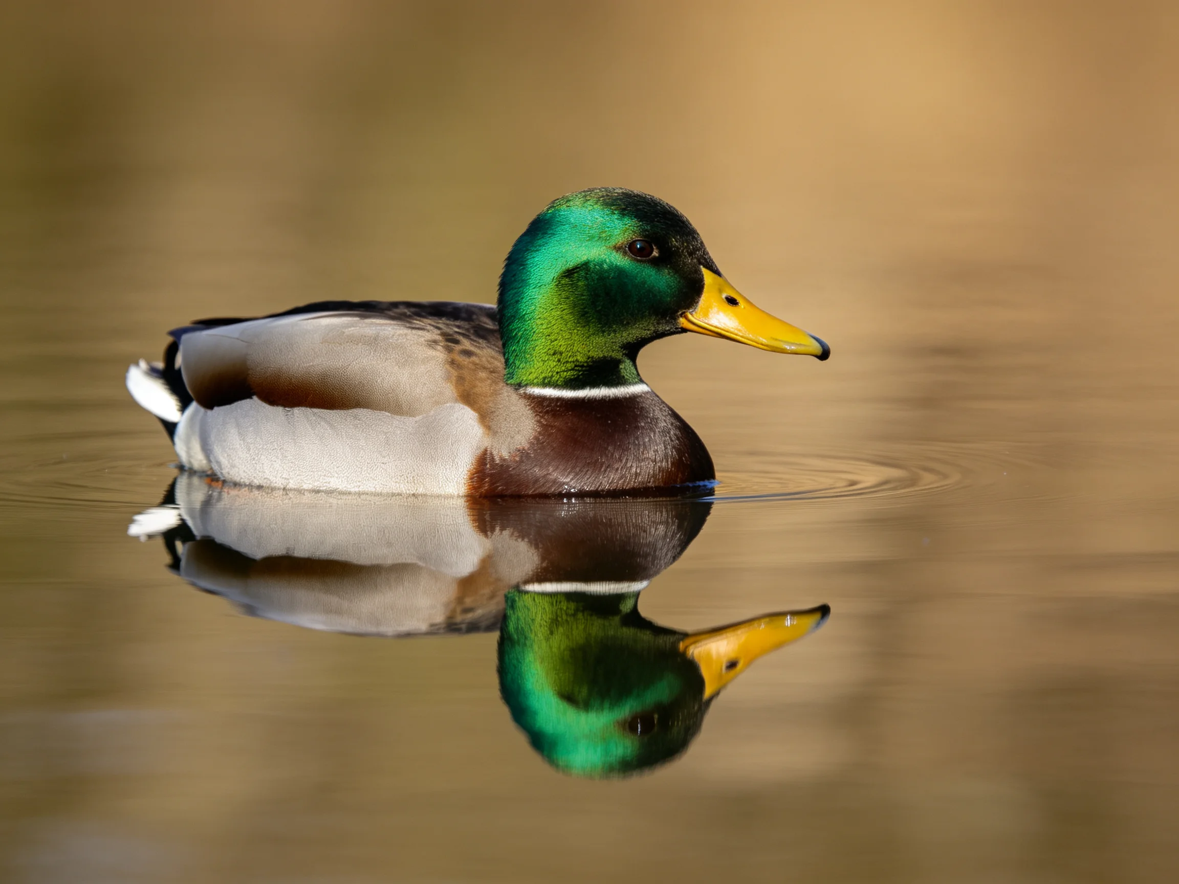 A mallard duck with iridescent green head and yellow beak floats on calm water