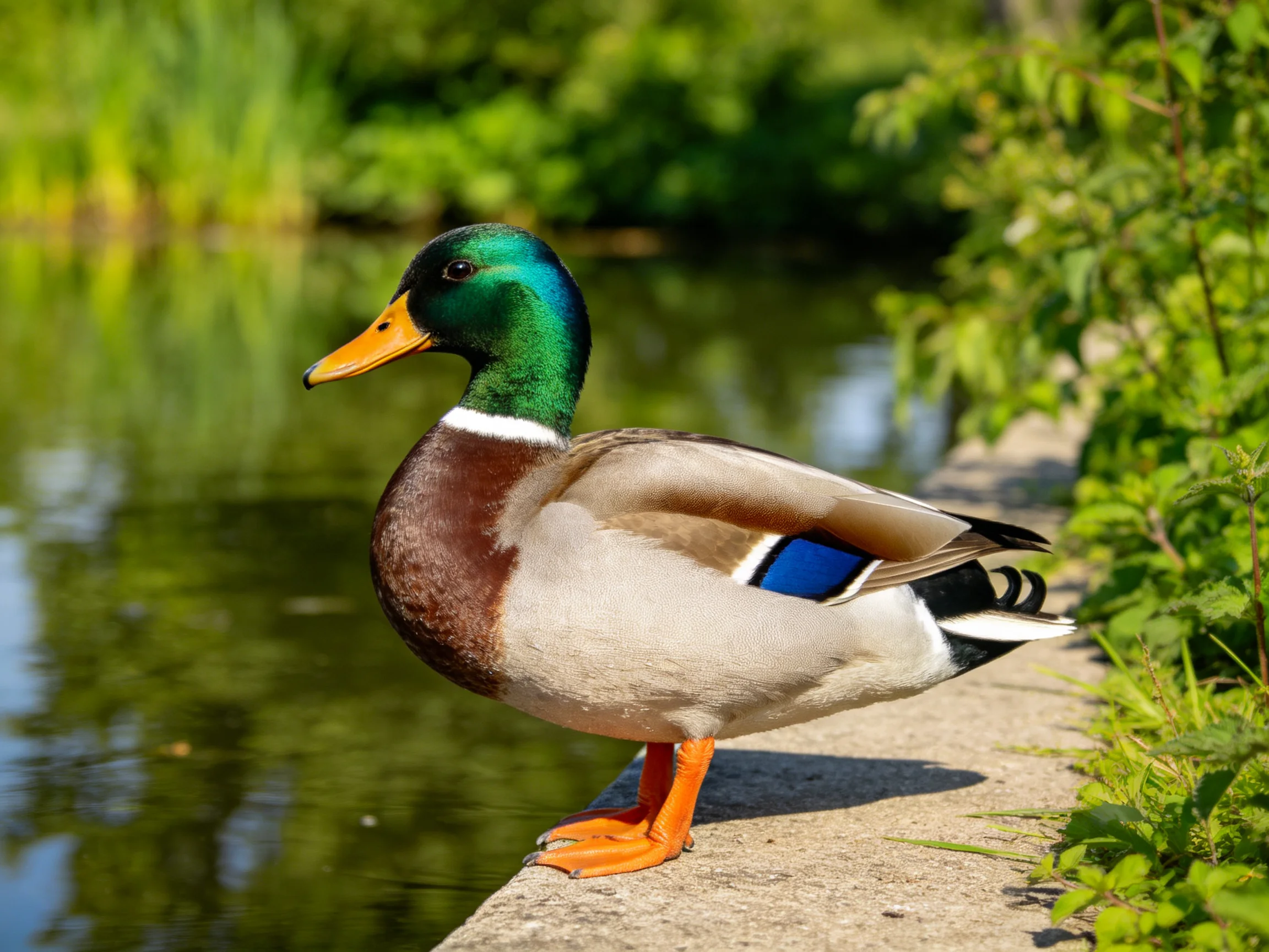 A mallard duck with iridescent green head, brown chest, and blue wing patch stands by calm water