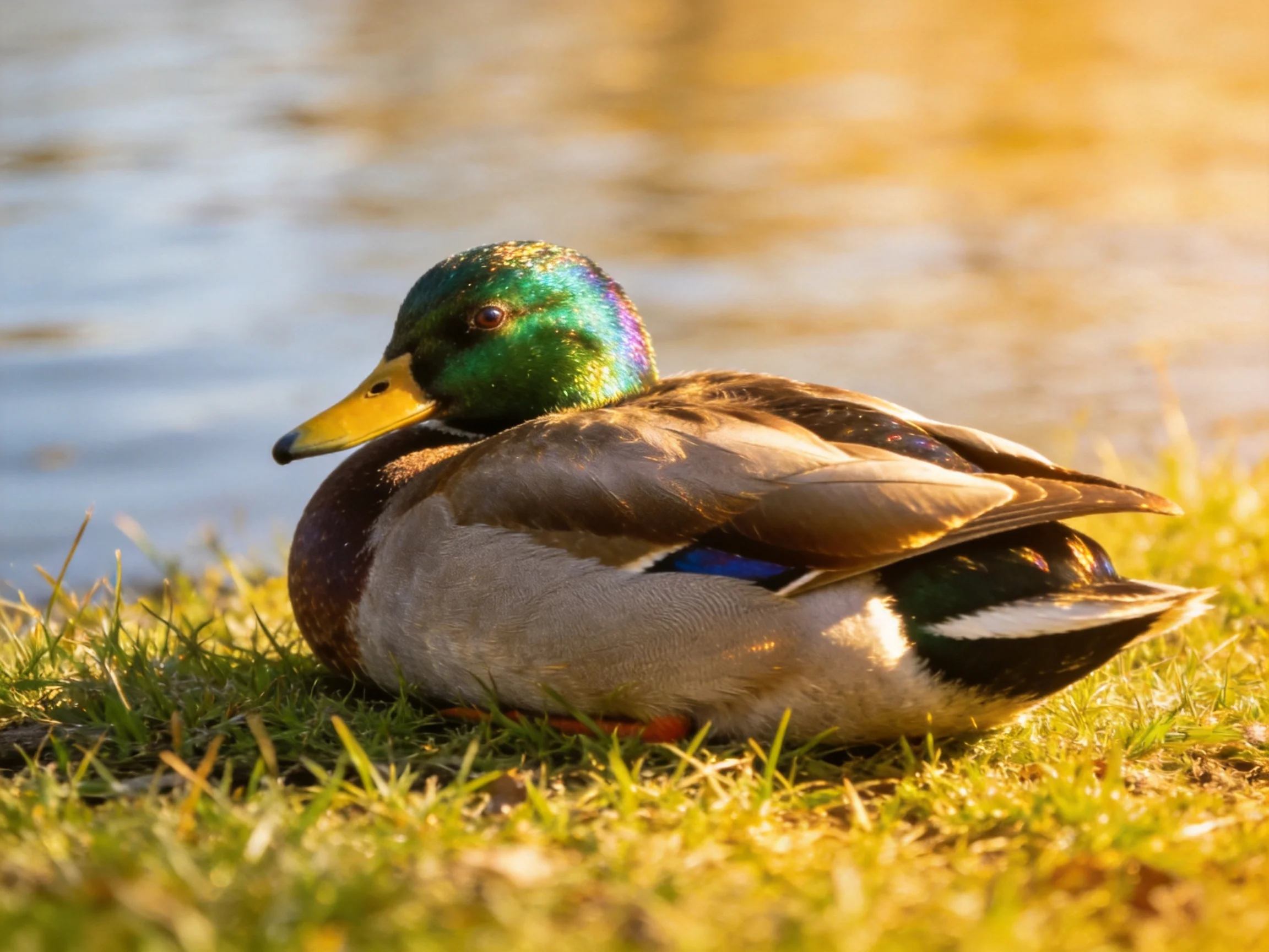 A mallard duck with iridescent green head resting on golden grass by calm water