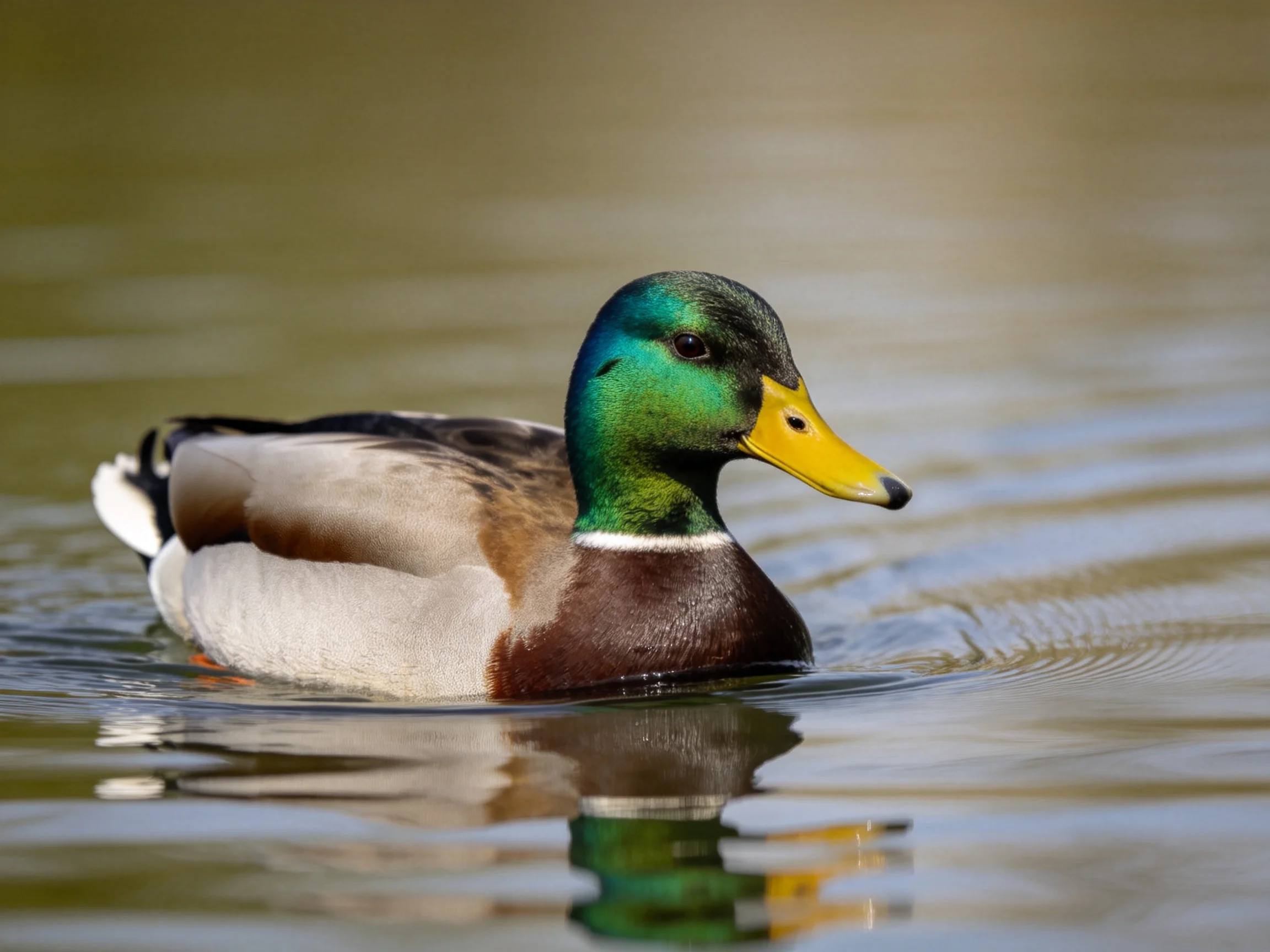 A mallard duck with iridescent green head swims in calm water