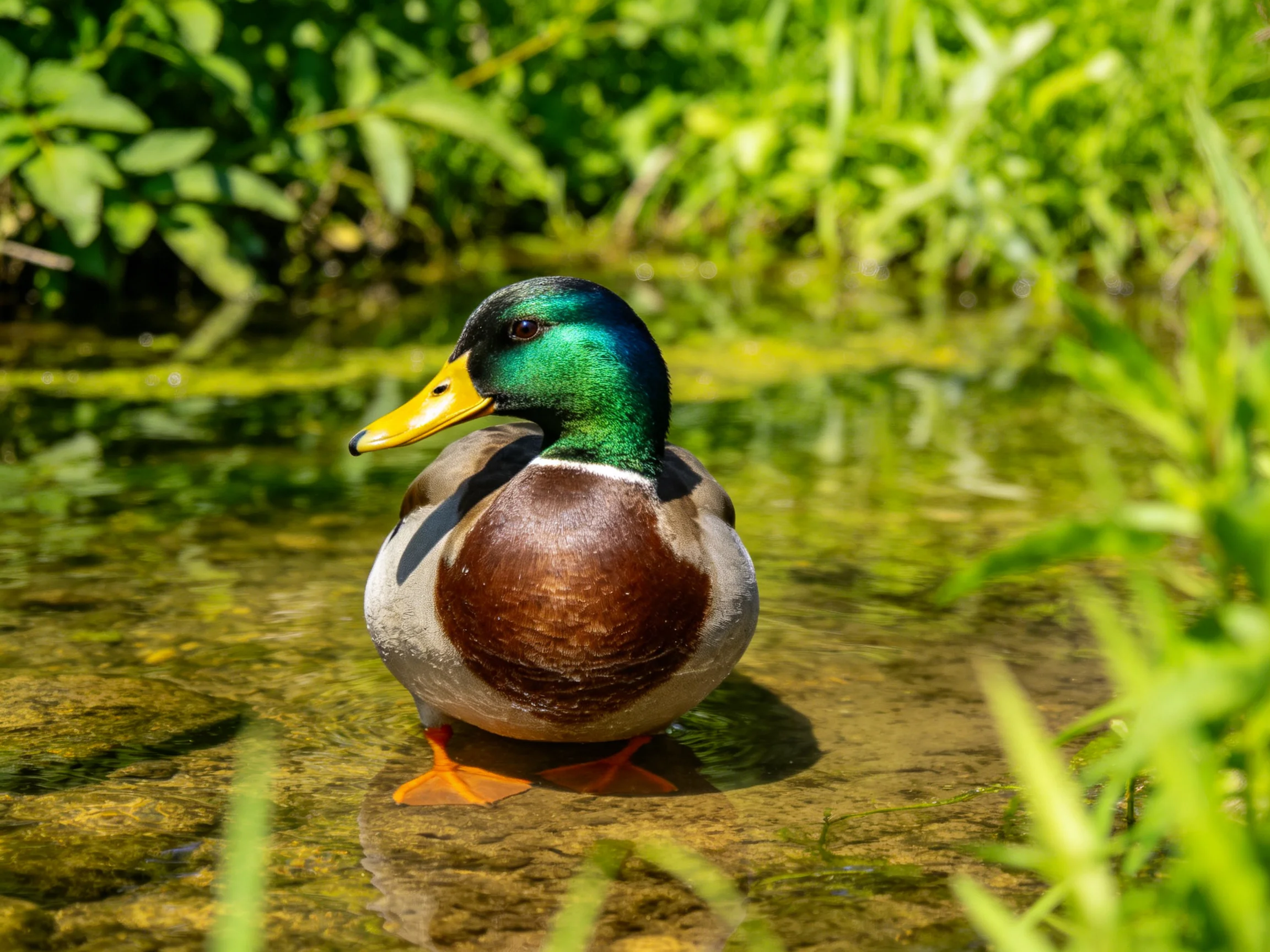 A mallard duck with iridescent green head swims in clear water near lush vegetation