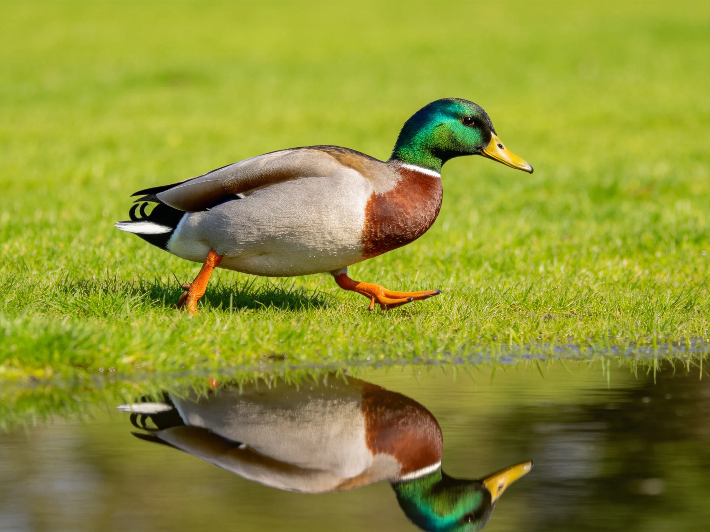 A mallard duck with iridescent green head walks near water with reflection