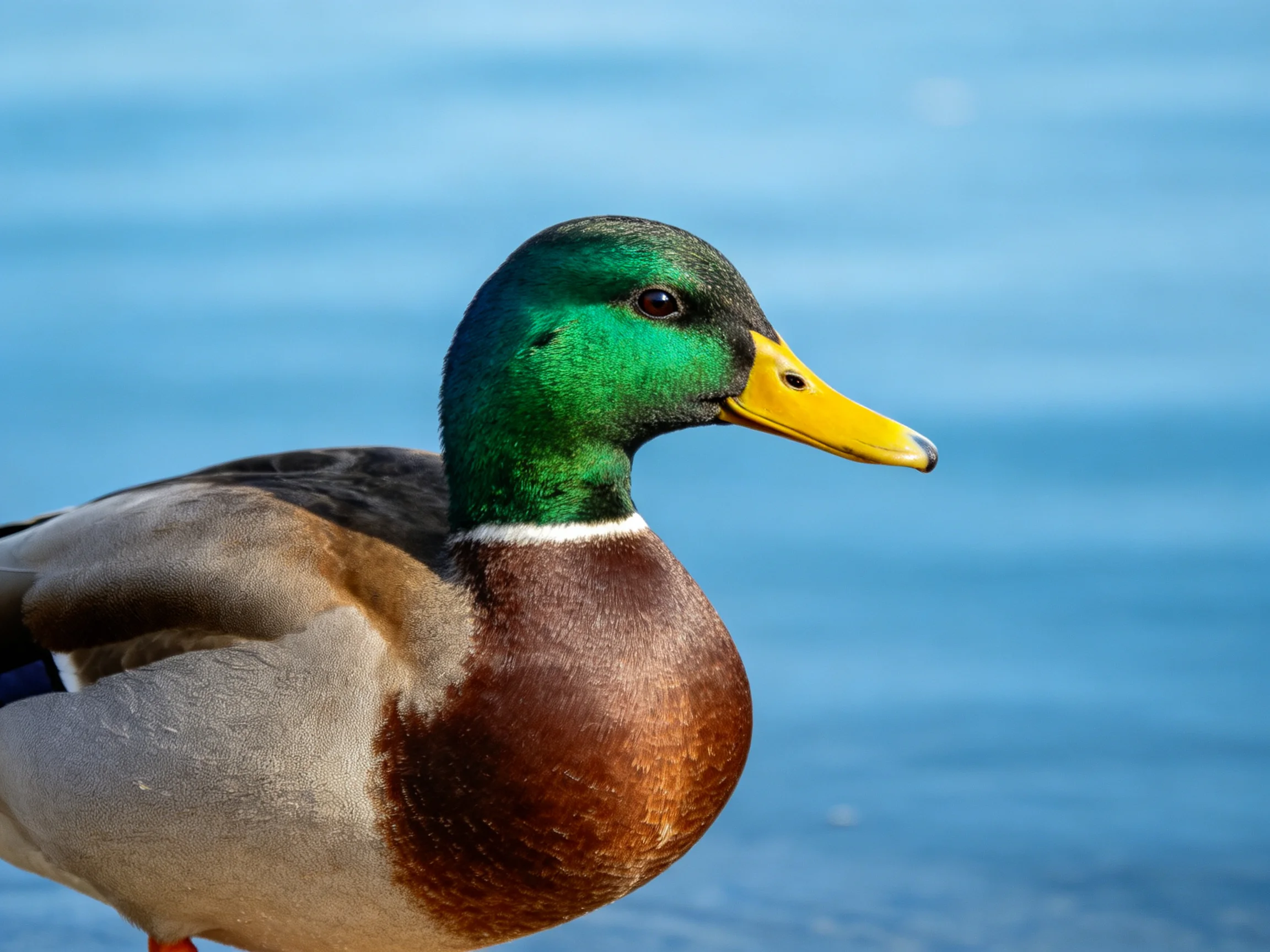 A mallard duck with vibrant green head and bright yellow beak near calm blue water