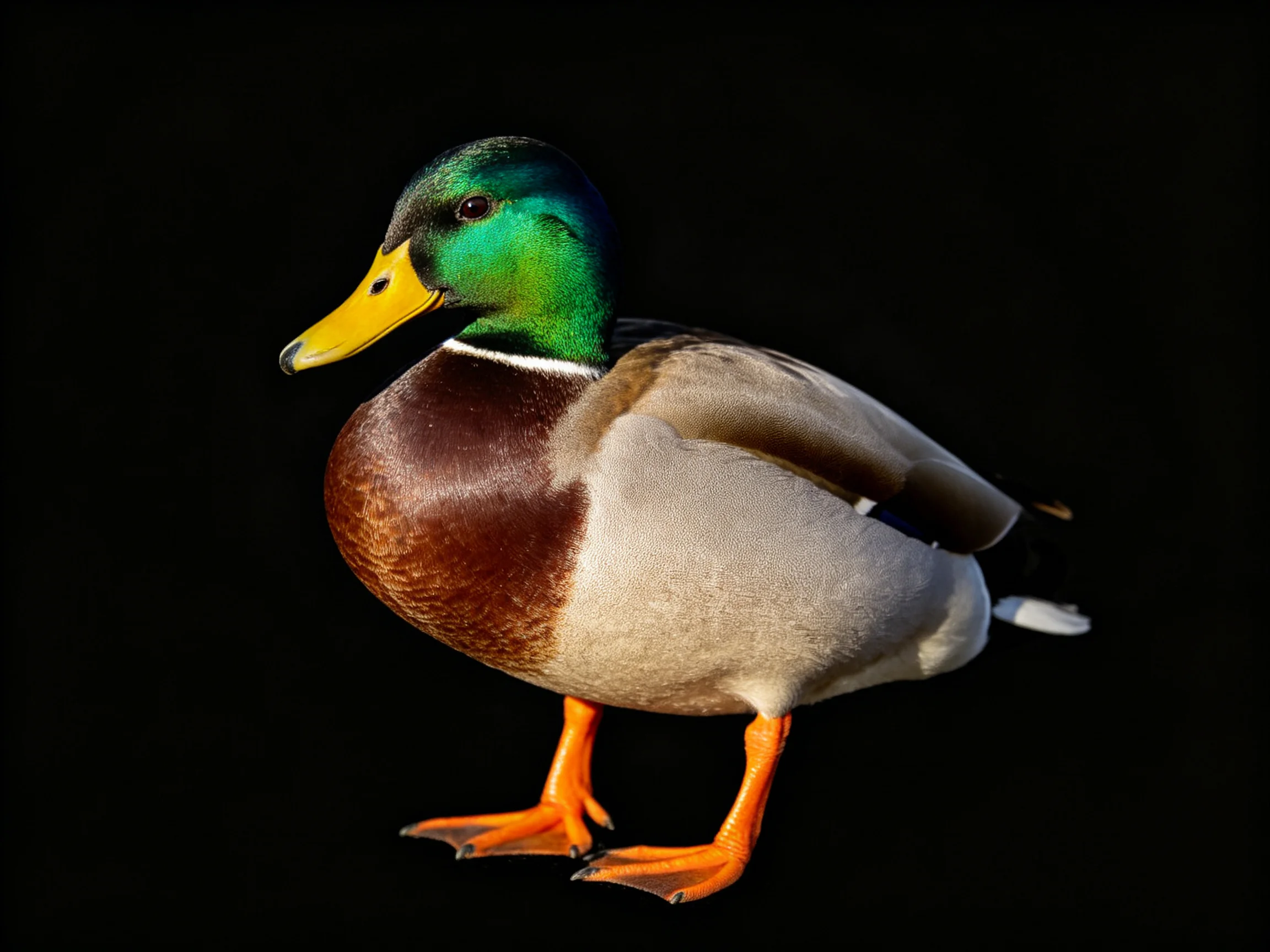 A mallard duck with vibrant green head, yellow beak, and brown chest