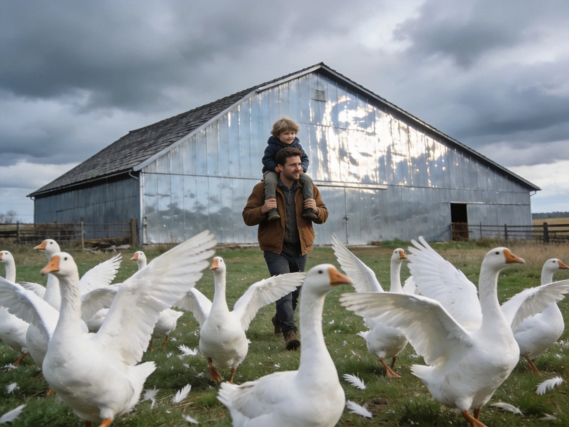 A man carries a child among white geese near a silver barn