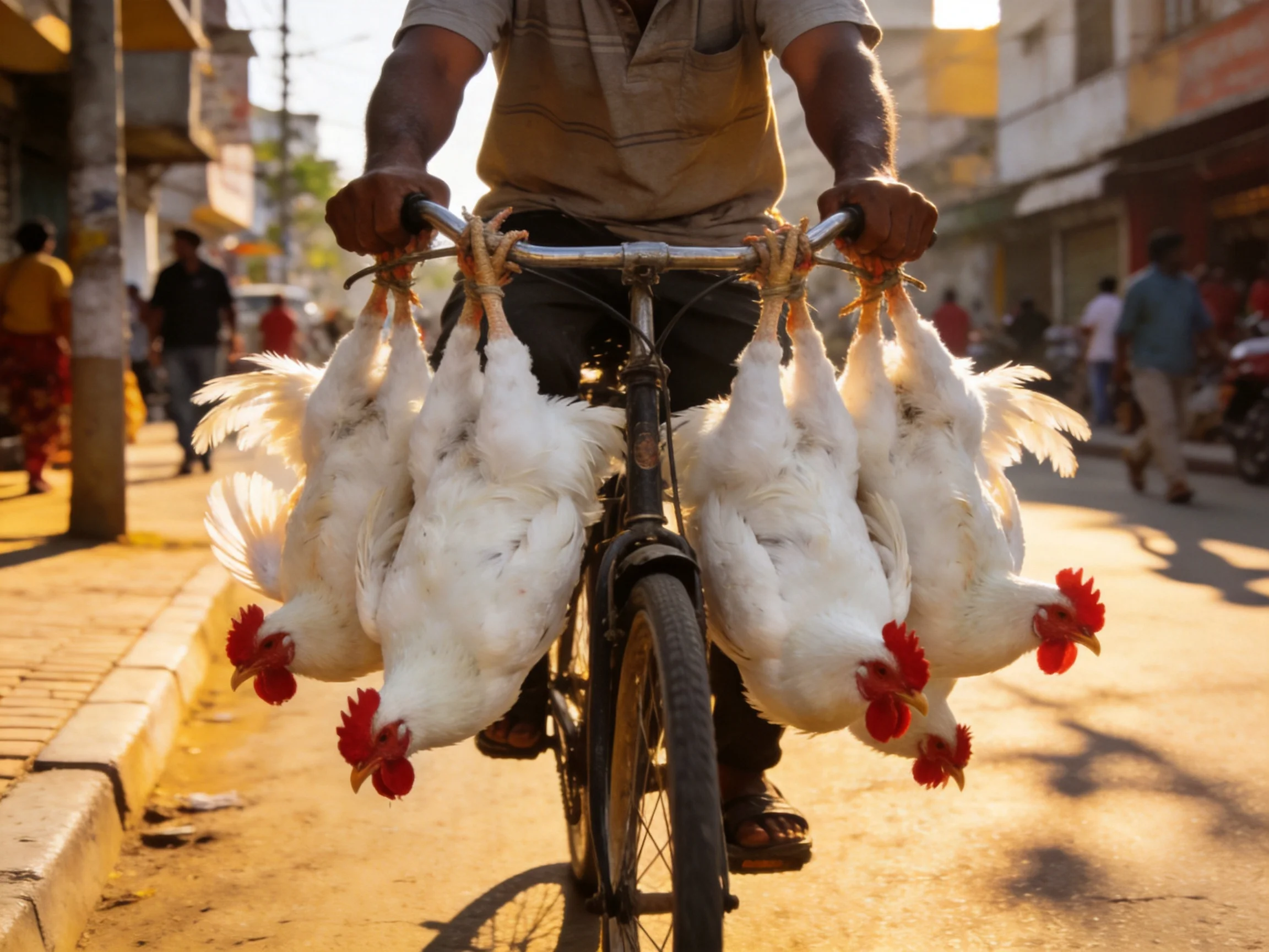 A man rides a bicycle carrying six white chickens with red combs down a busy street