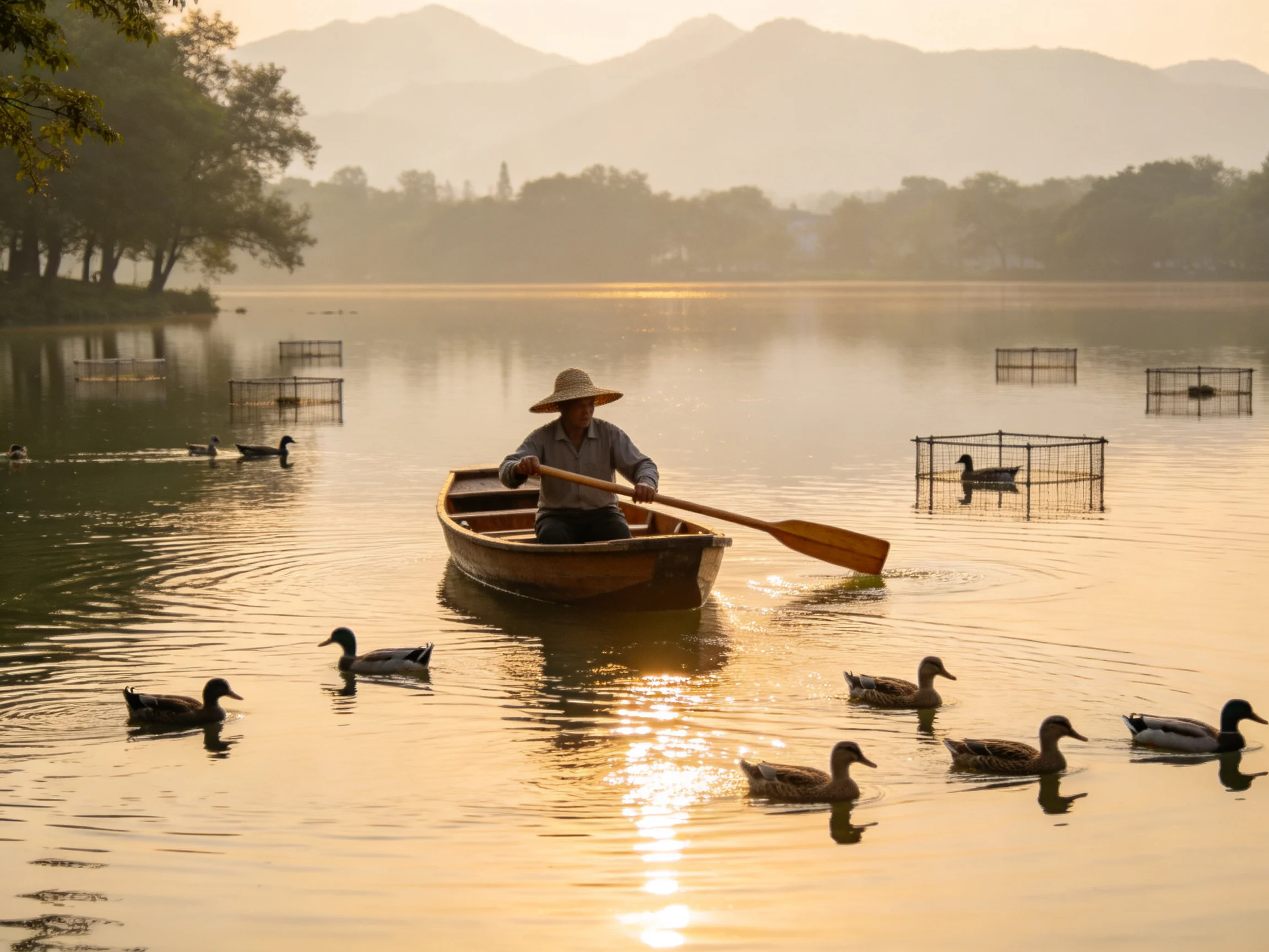 A man rows a wooden boat among ducks on a golden lake with misty mountains