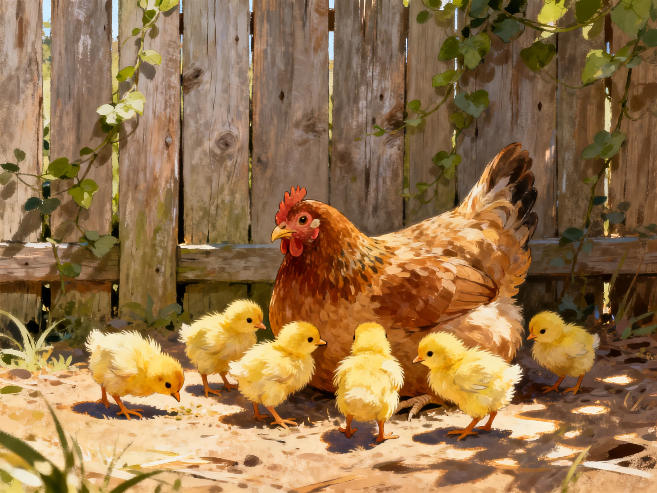 A mother chicken with six yellow chicks near weathered wooden fence