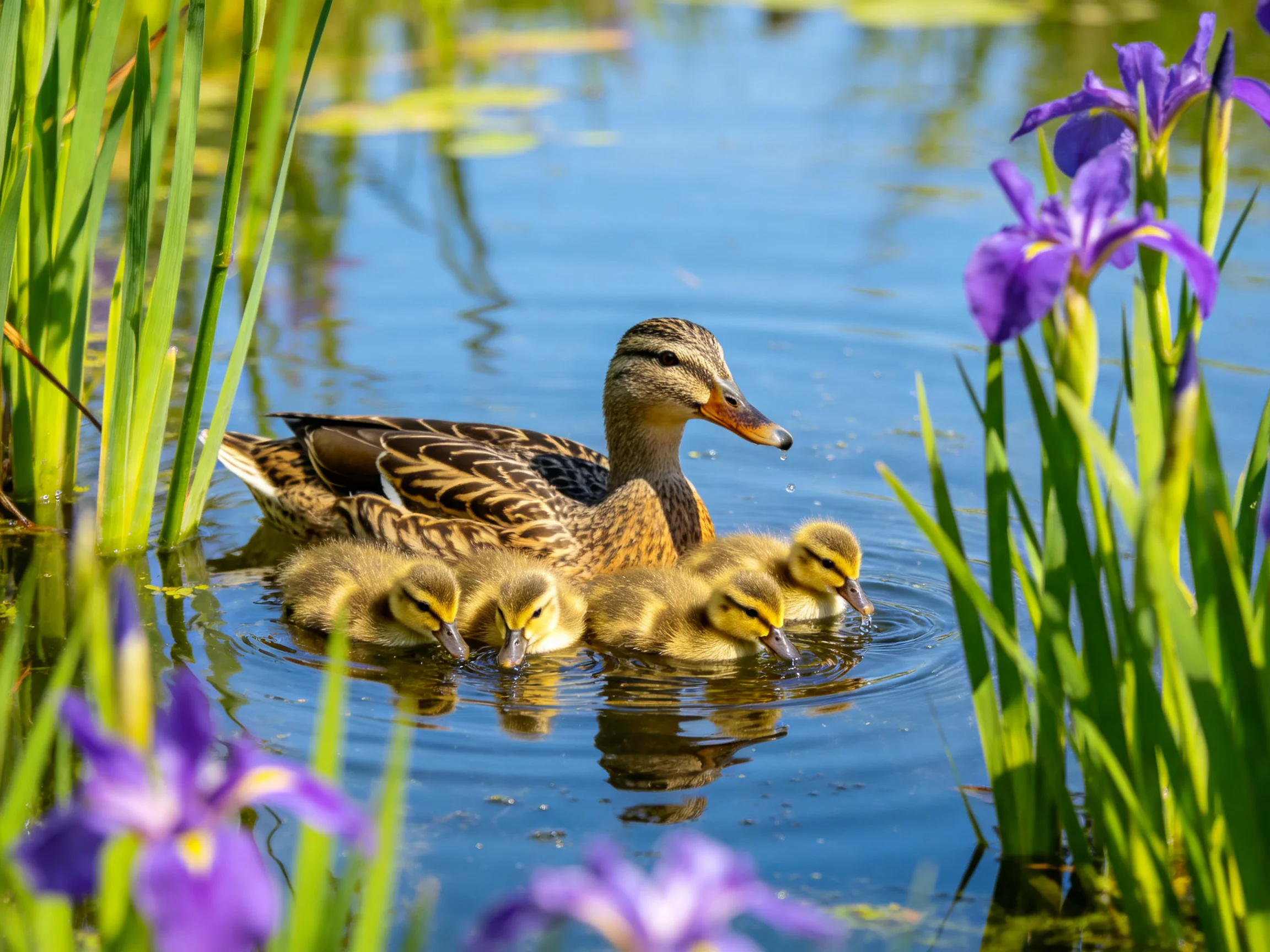 A mother duck and four ducklings swim among purple irises and tall green reeds