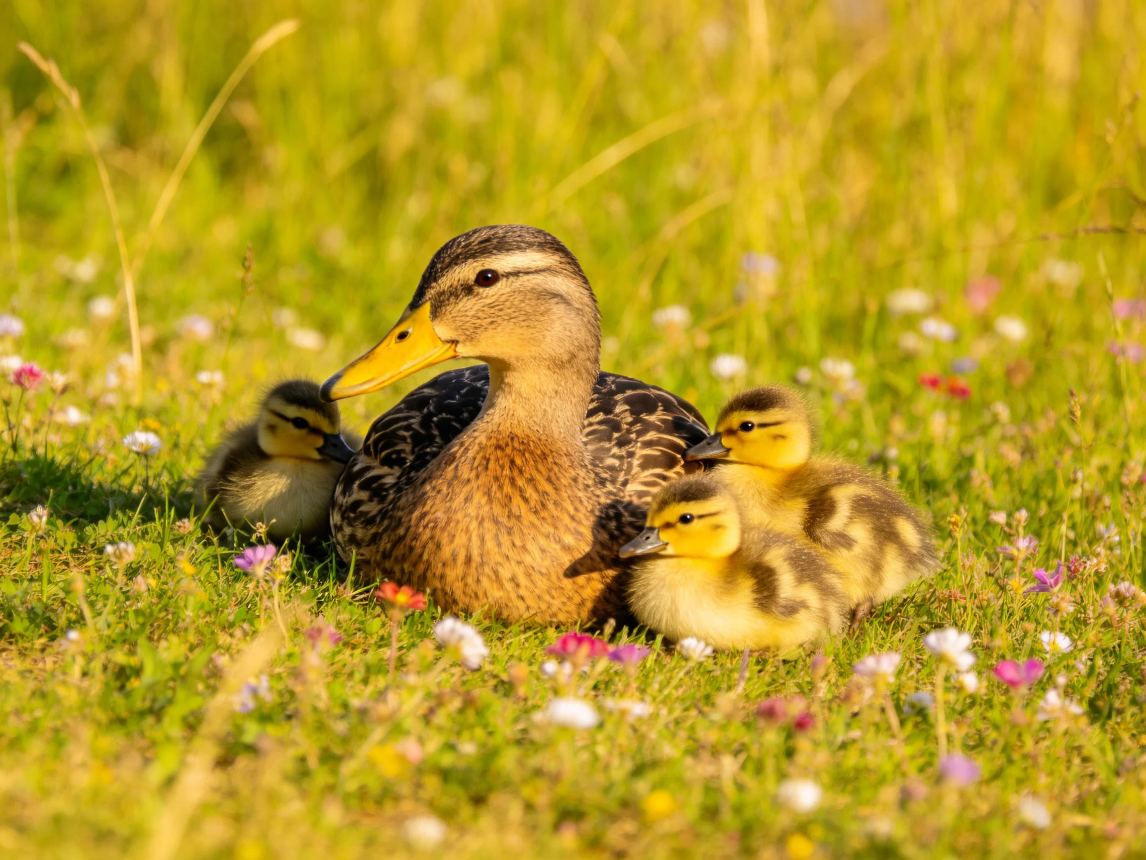 A mother duck and three ducklings rest among colorful wildflowers in a sunlit meadow