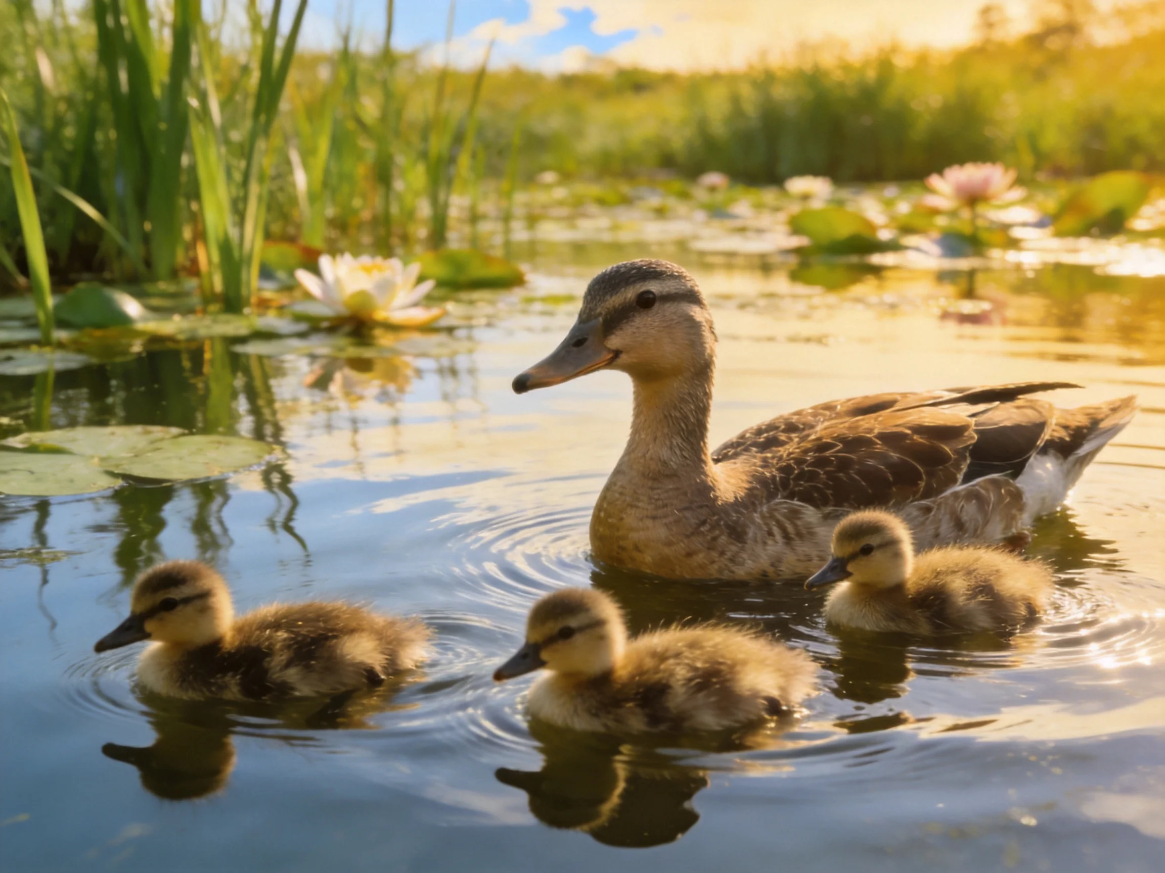 A mother duck and three ducklings swim in a sunlit pond with lily pads