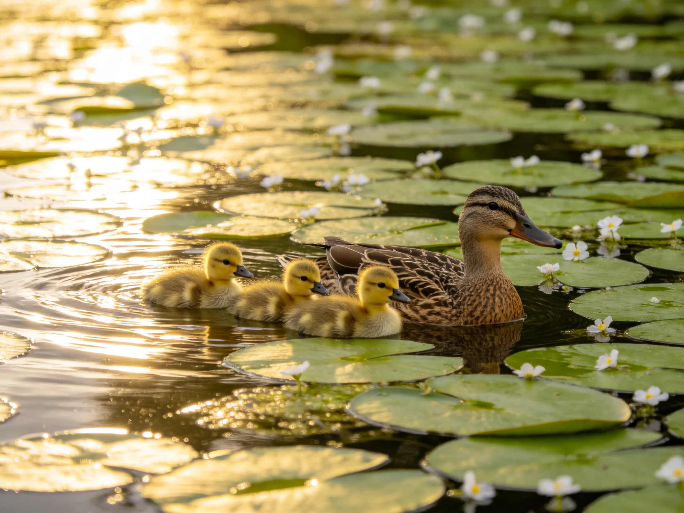A mother duck and three yellow ducklings swim among green lily pads under golden sunlight