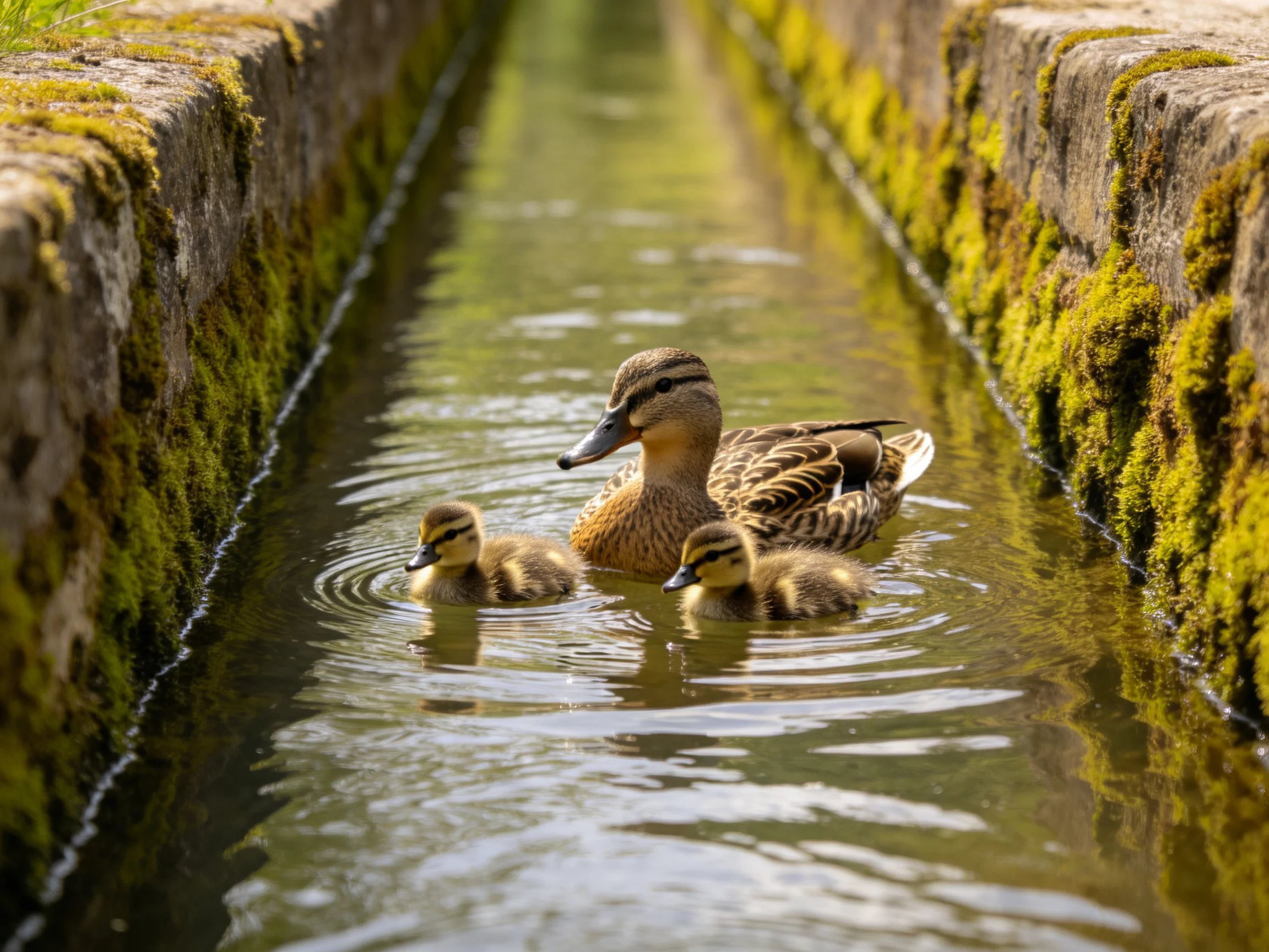A mother duck and two ducklings swim in a narrow moss-lined water channel