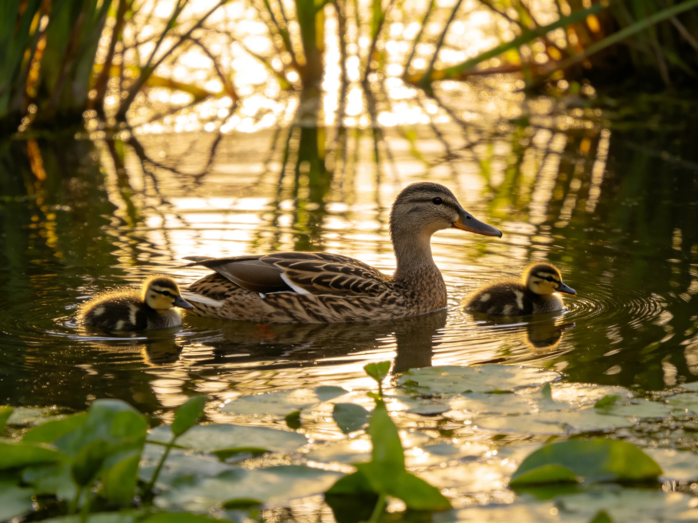 A mother duck and two ducklings swim in a sunlit pond with reeds