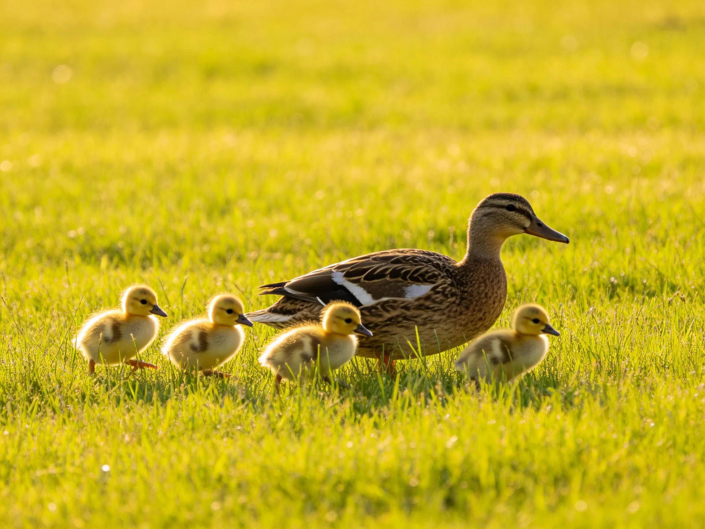 A mother duck leads four yellow ducklings across a sunlit green meadow