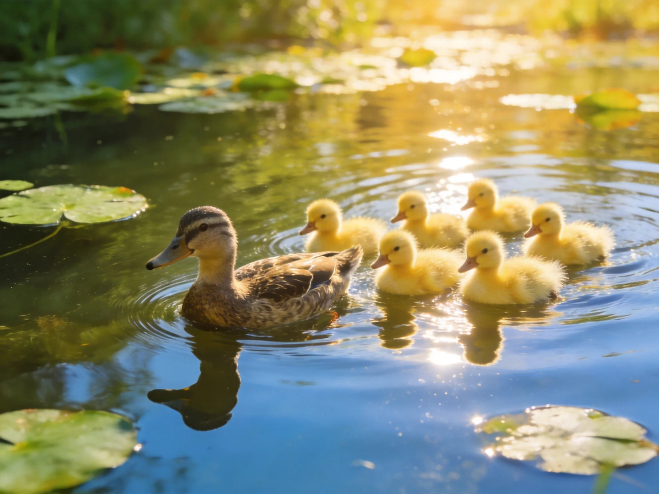 A mother duck leads six yellow ducklings in a sunlit pond with lily pads