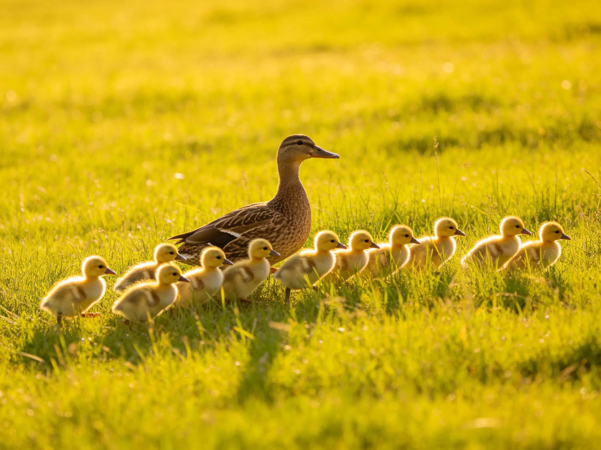 A mother duck leads ten yellow ducklings through golden grass