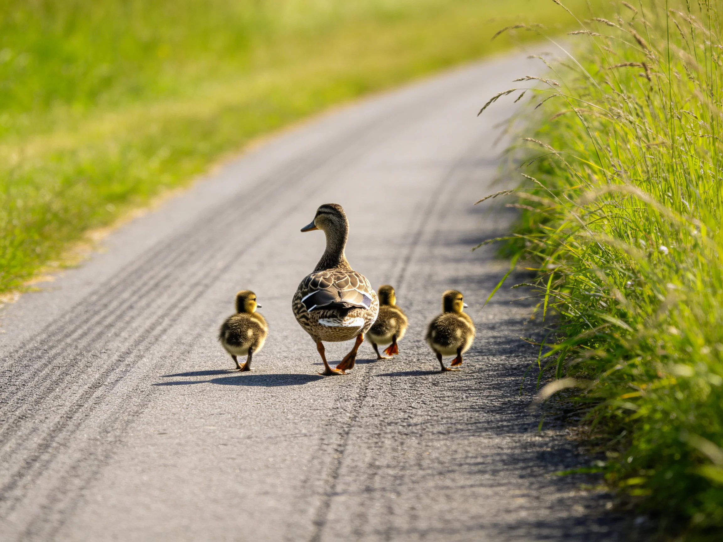 A mother duck leads three ducklings down a sunlit paved path