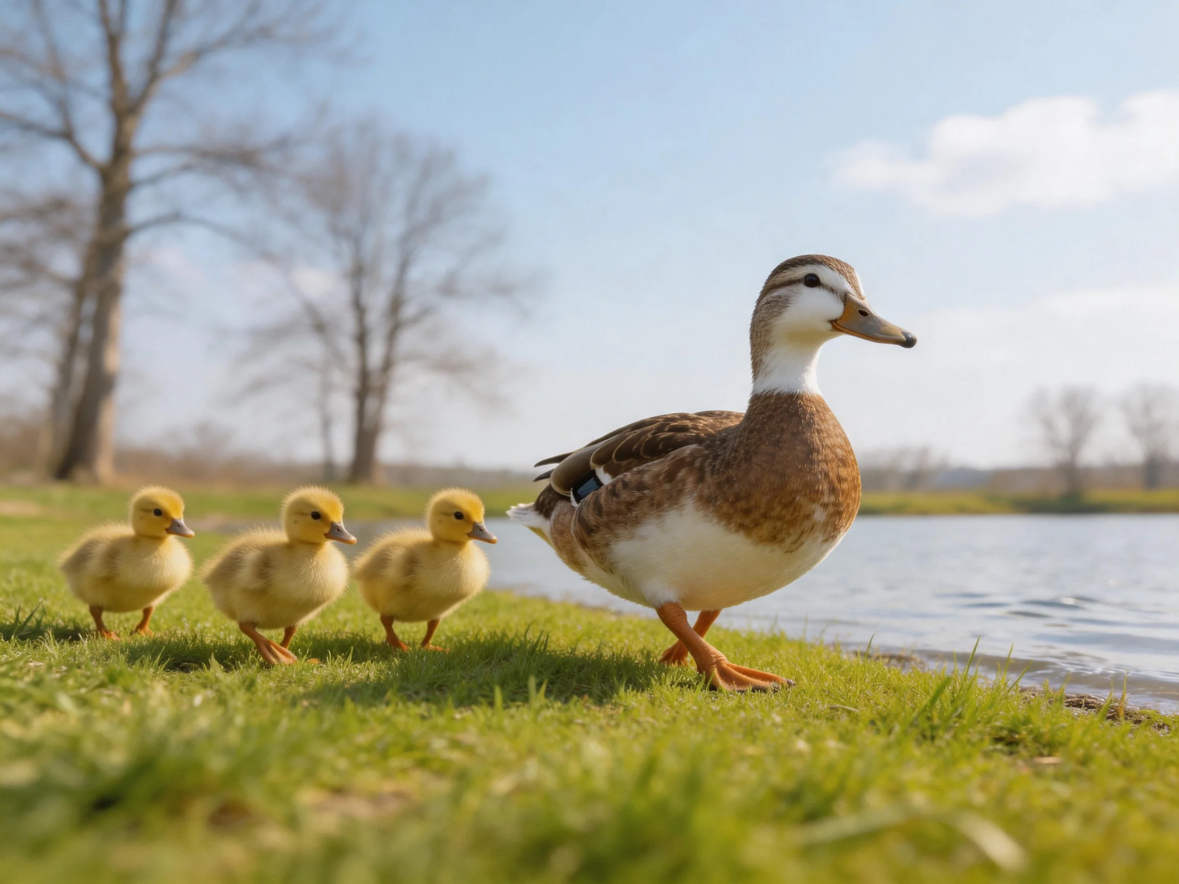 A mother duck leads three yellow ducklings along a grassy lakeside
