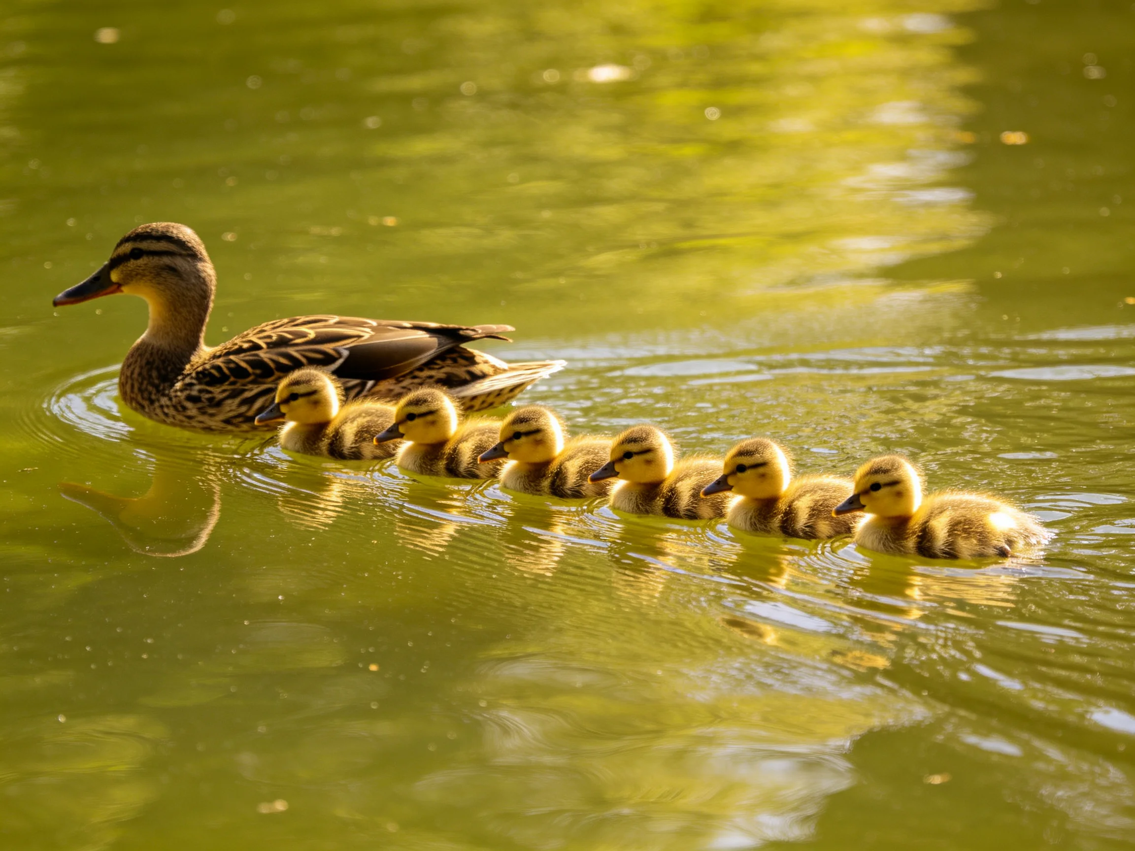A mother duck swimming with six yellow ducklings in green water