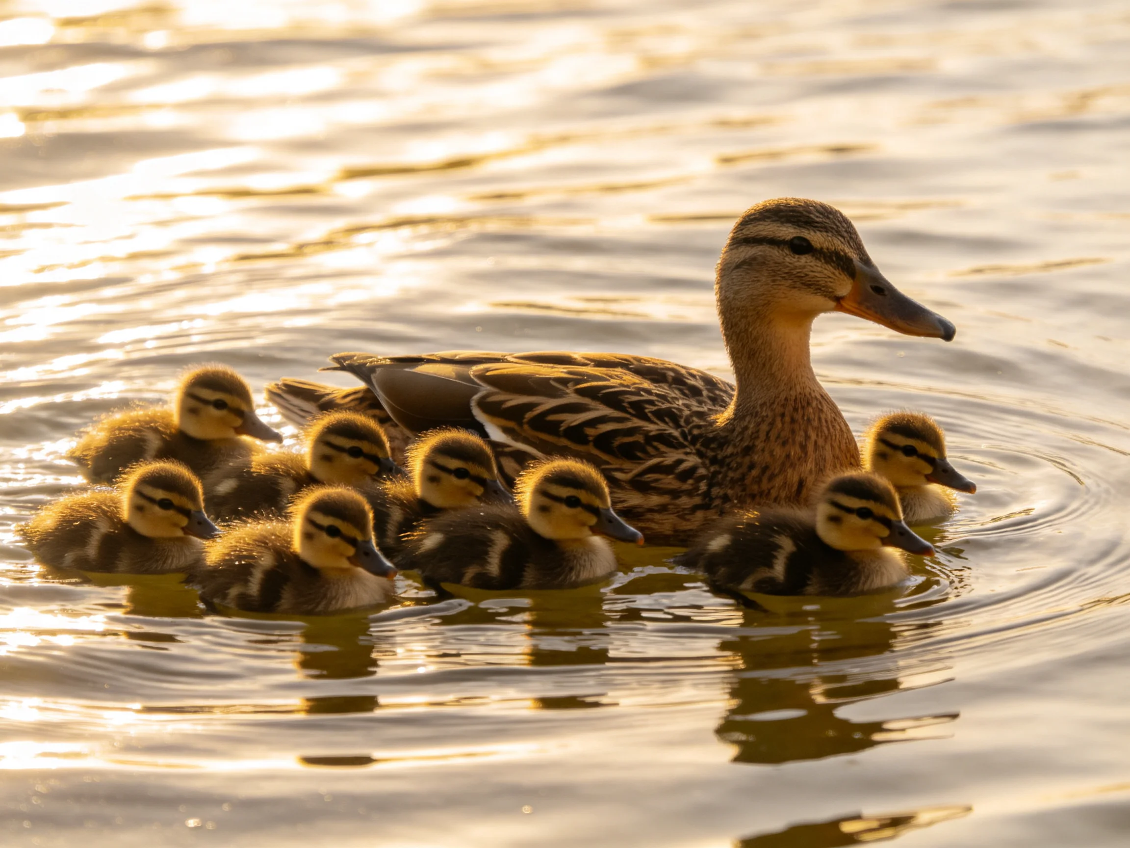 A mother duck swims with ducklings in sun-kissed water