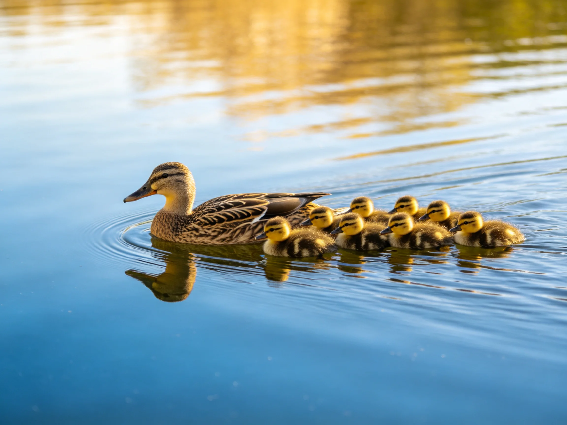 A mother duck swims with eight yellow ducklings in calm blue water