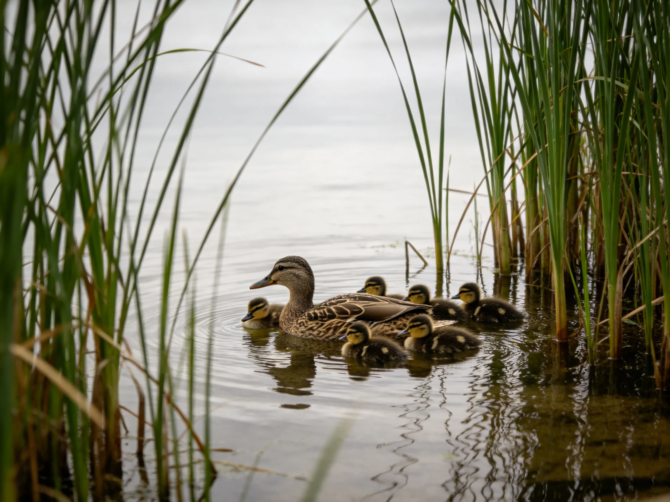 A mother duck swims with five ducklings among tall green reeds