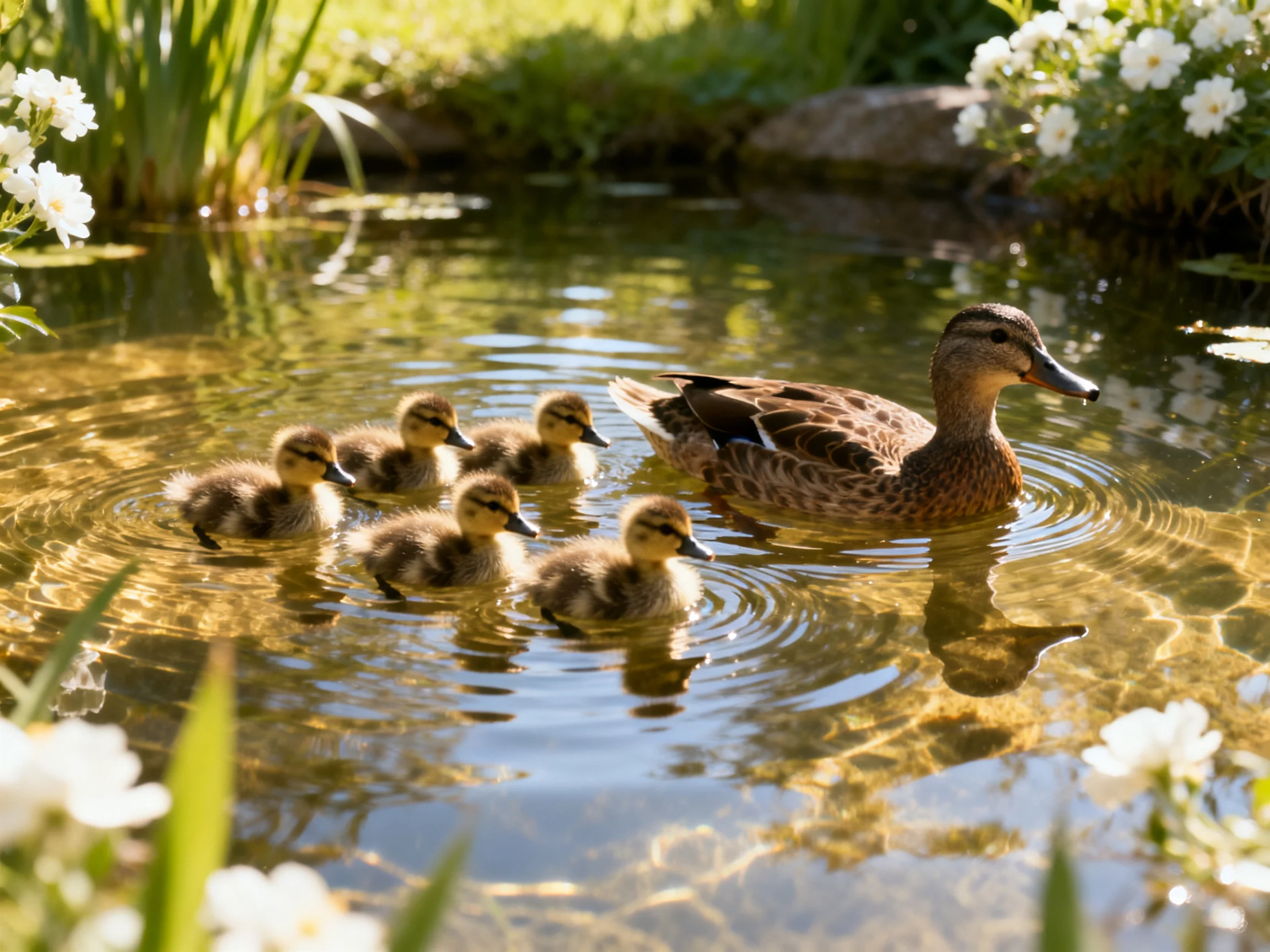 A mother duck swims with five ducklings in a sunlit pond surrounded by white flowers