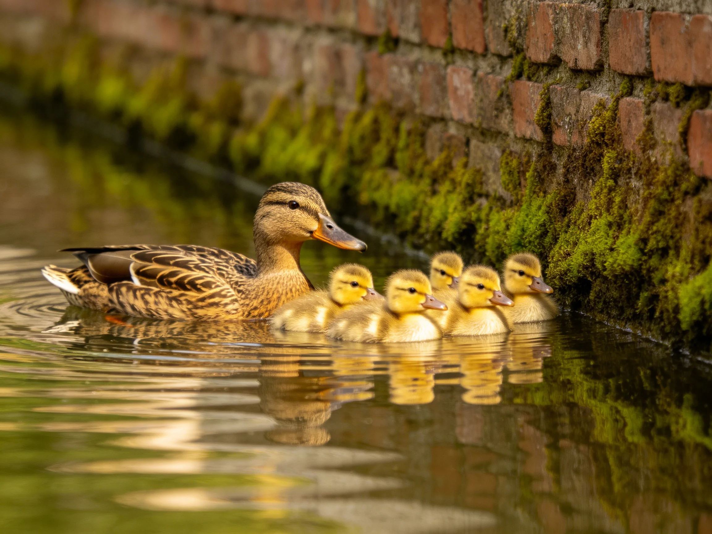 A mother duck swims with four duckling companions along a moss-laden brick wall