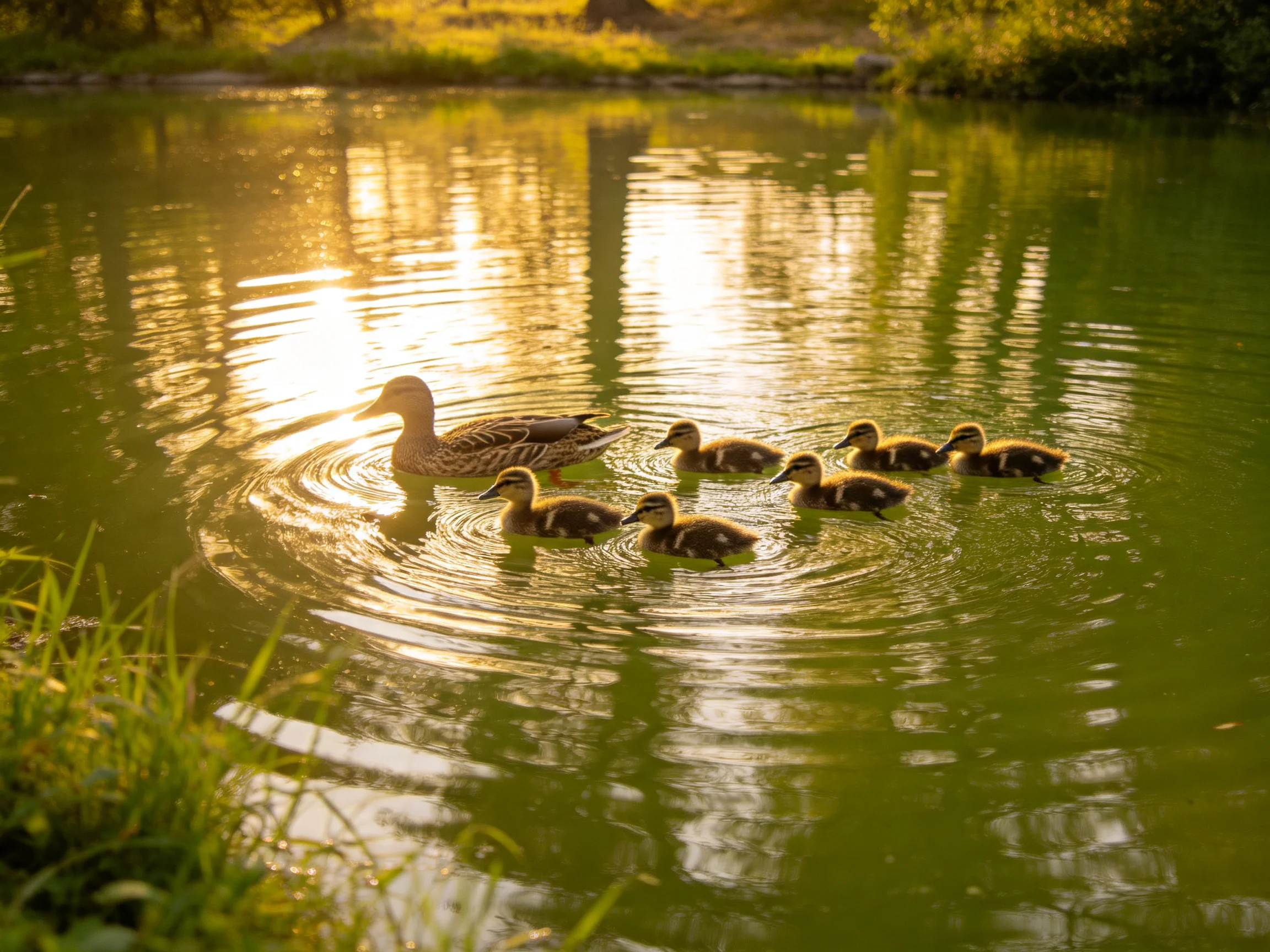 A mother duck swims with six ducklings in a sunlit pond