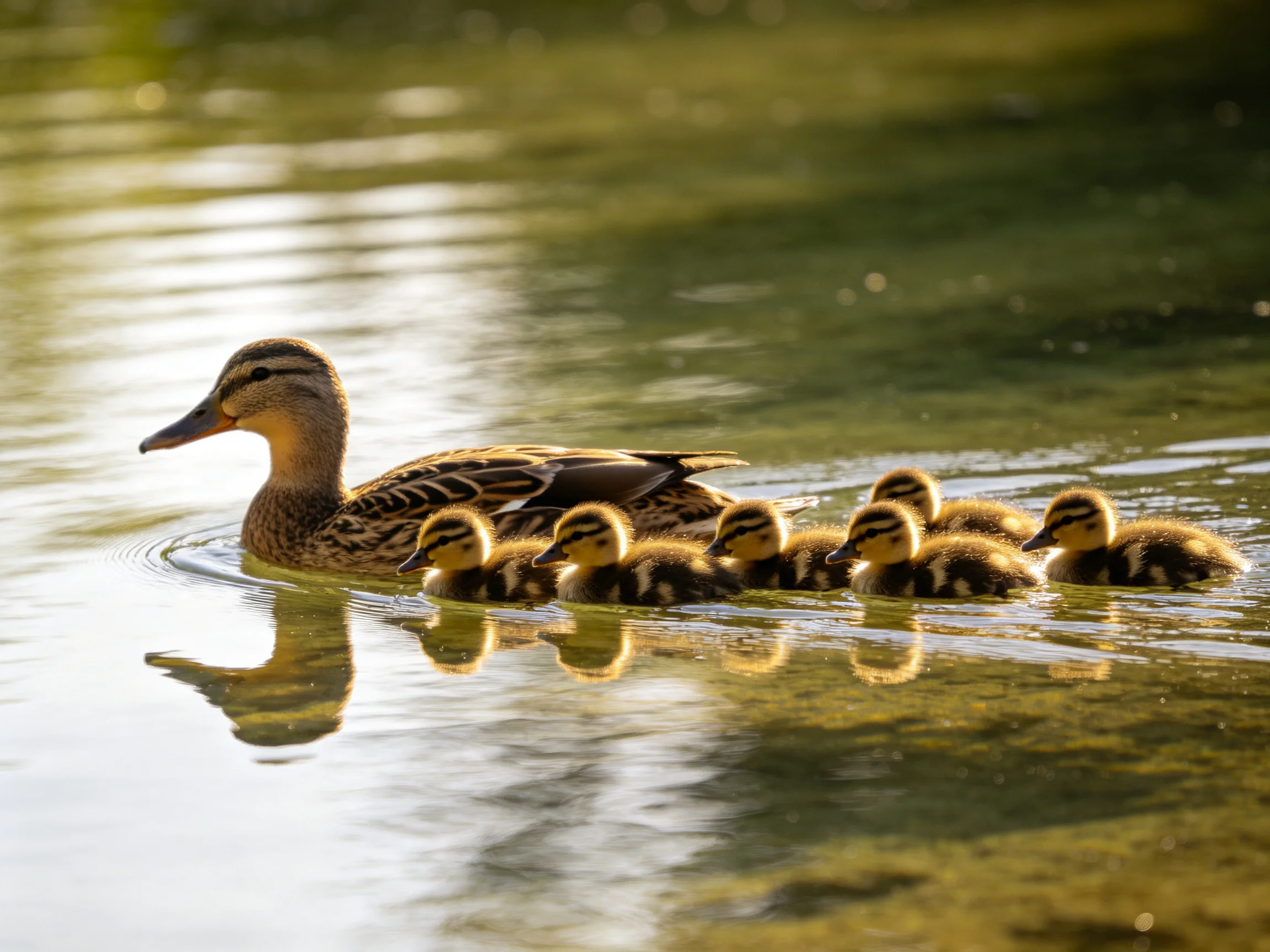 A mother duck swims with six striped ducklings in sunlit water