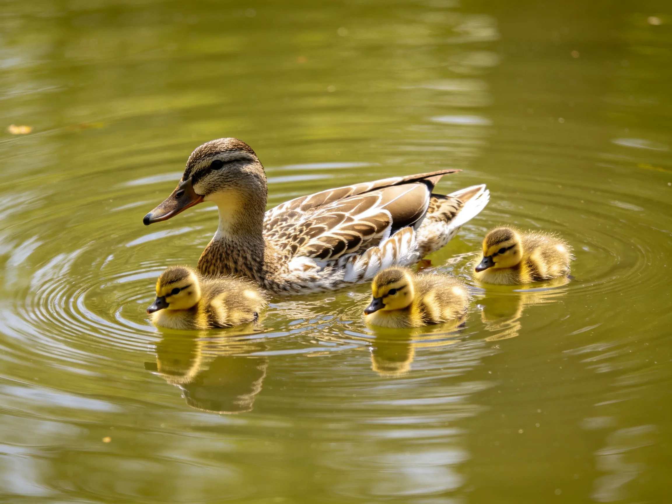 A mother duck swims with three ducklings in calm green water
