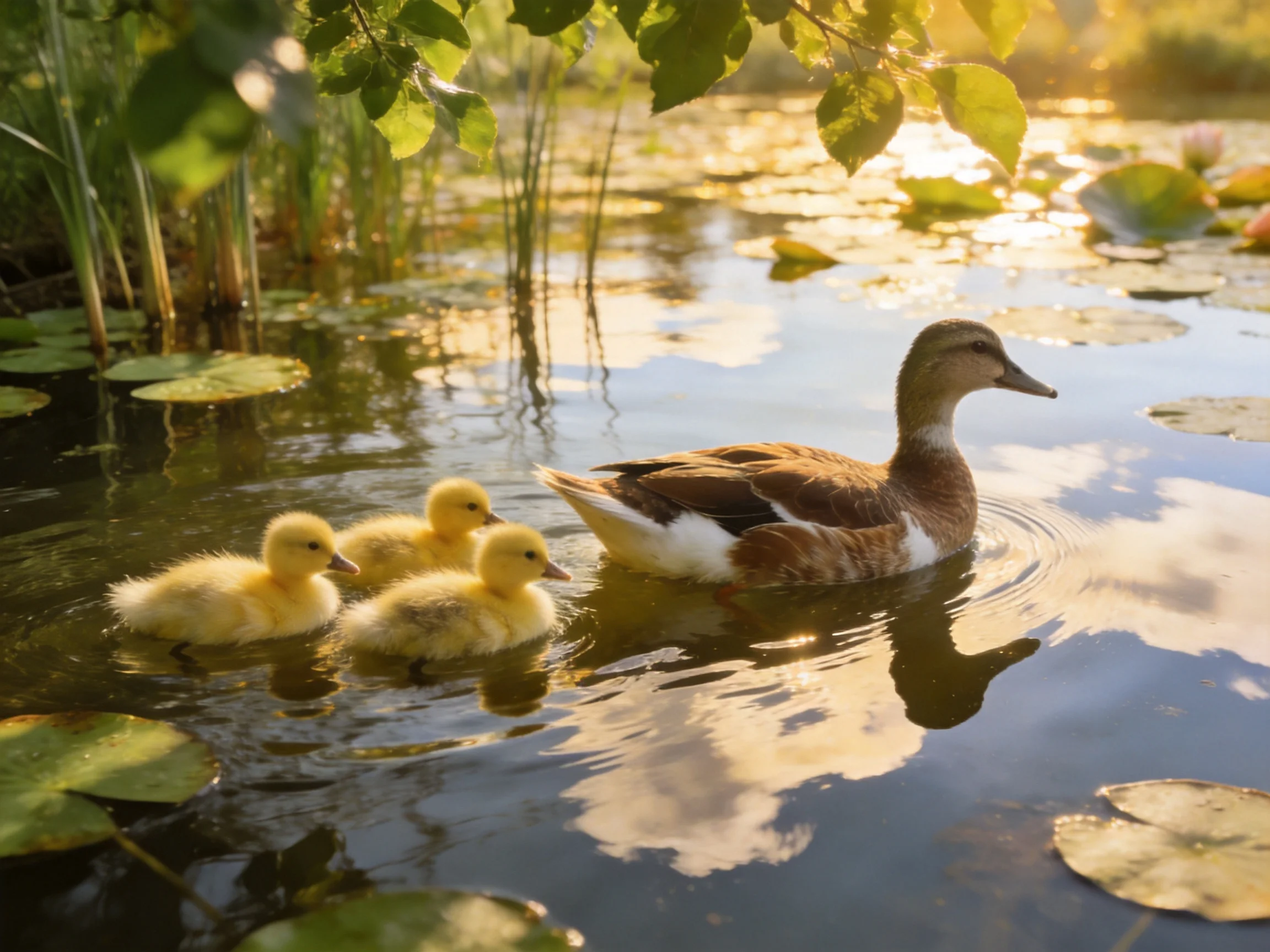 A mother duck swims with three yellow ducklings in a sunlit pond