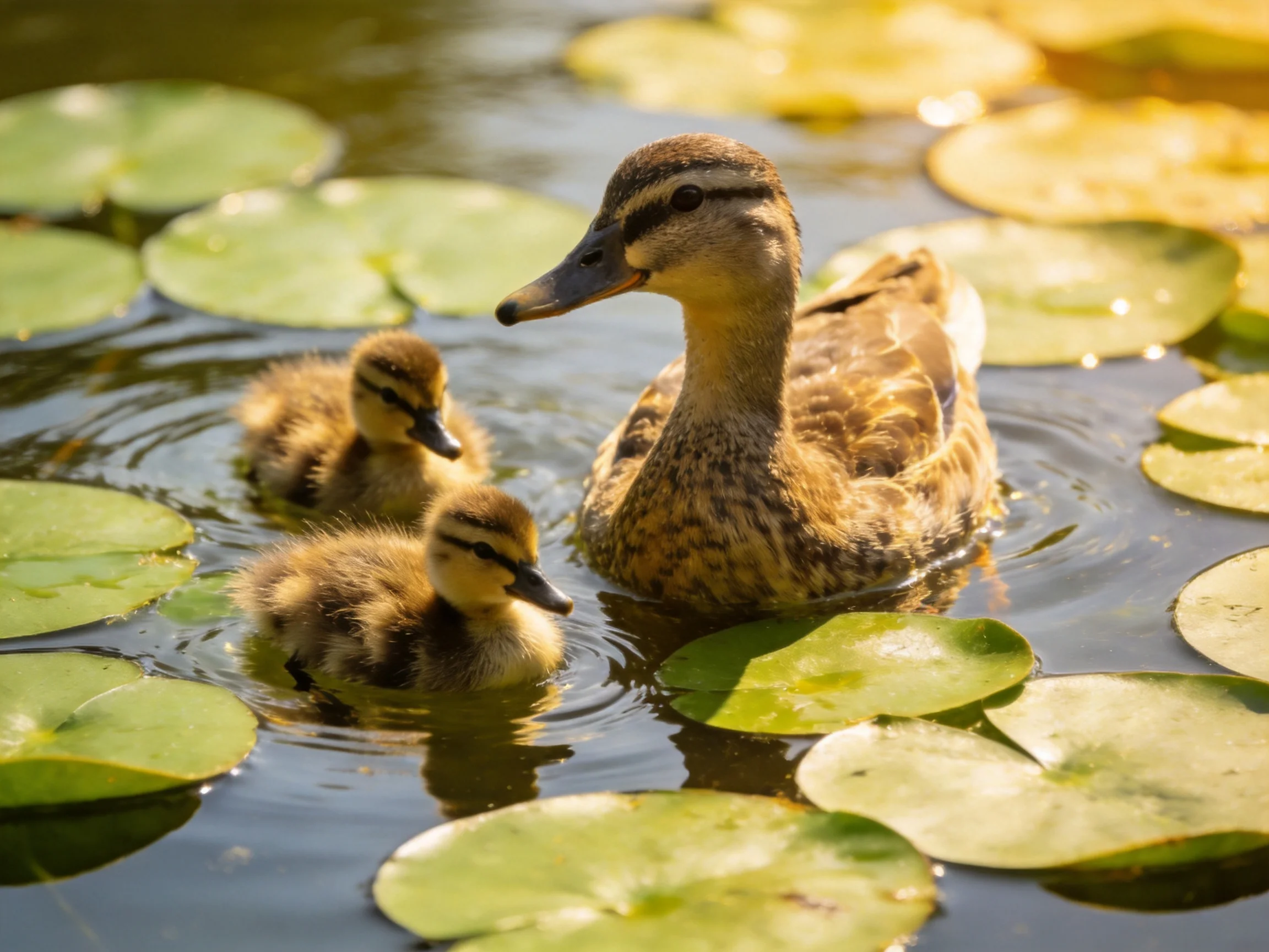 A mother duck swims with two ducklings among green lily pads