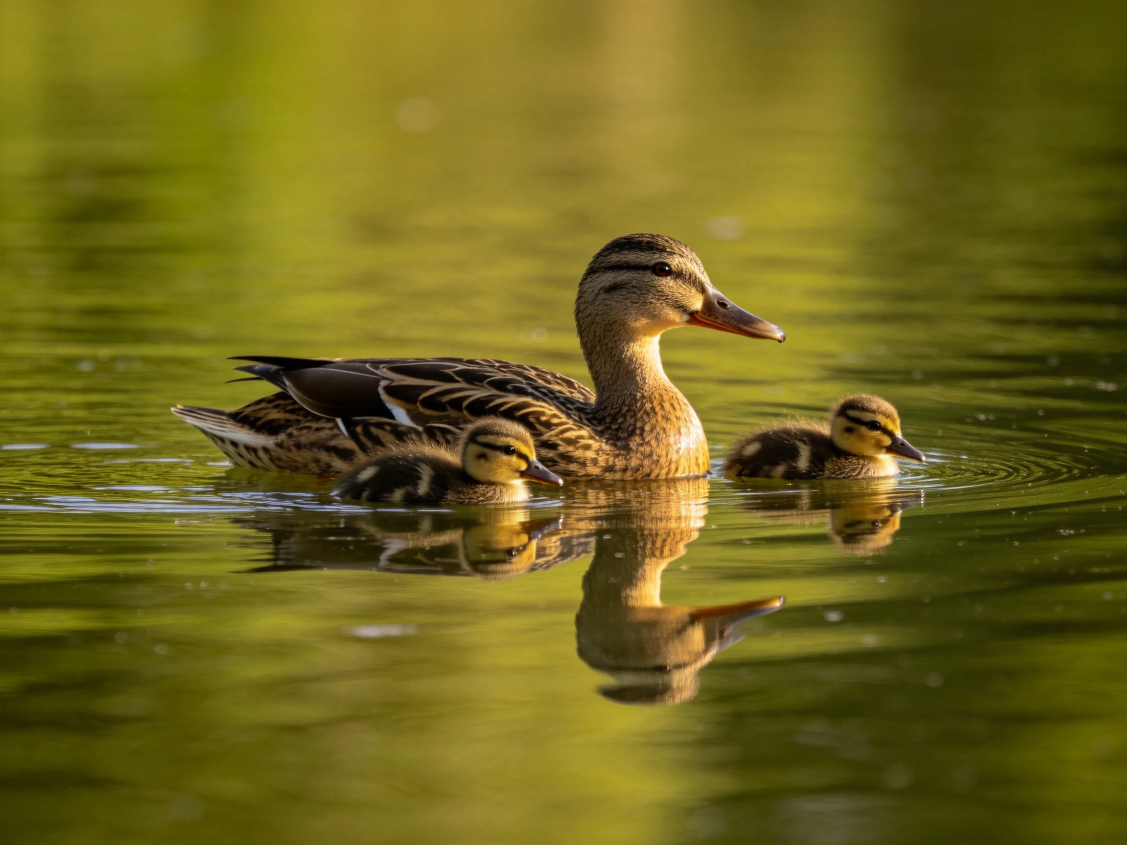 A mother duck swims with two ducklings in golden-green rippling water