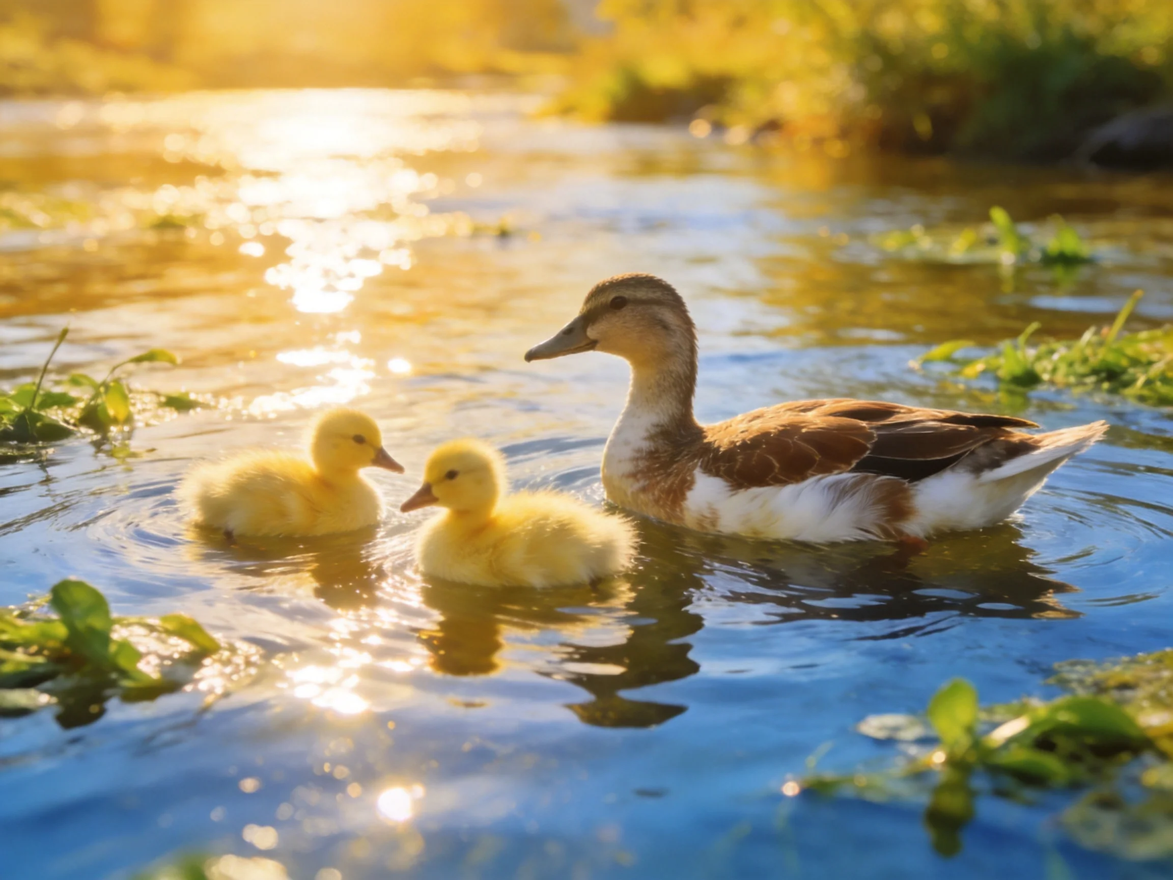 A mother duck swims with two yellow ducklings in a sunlit stream