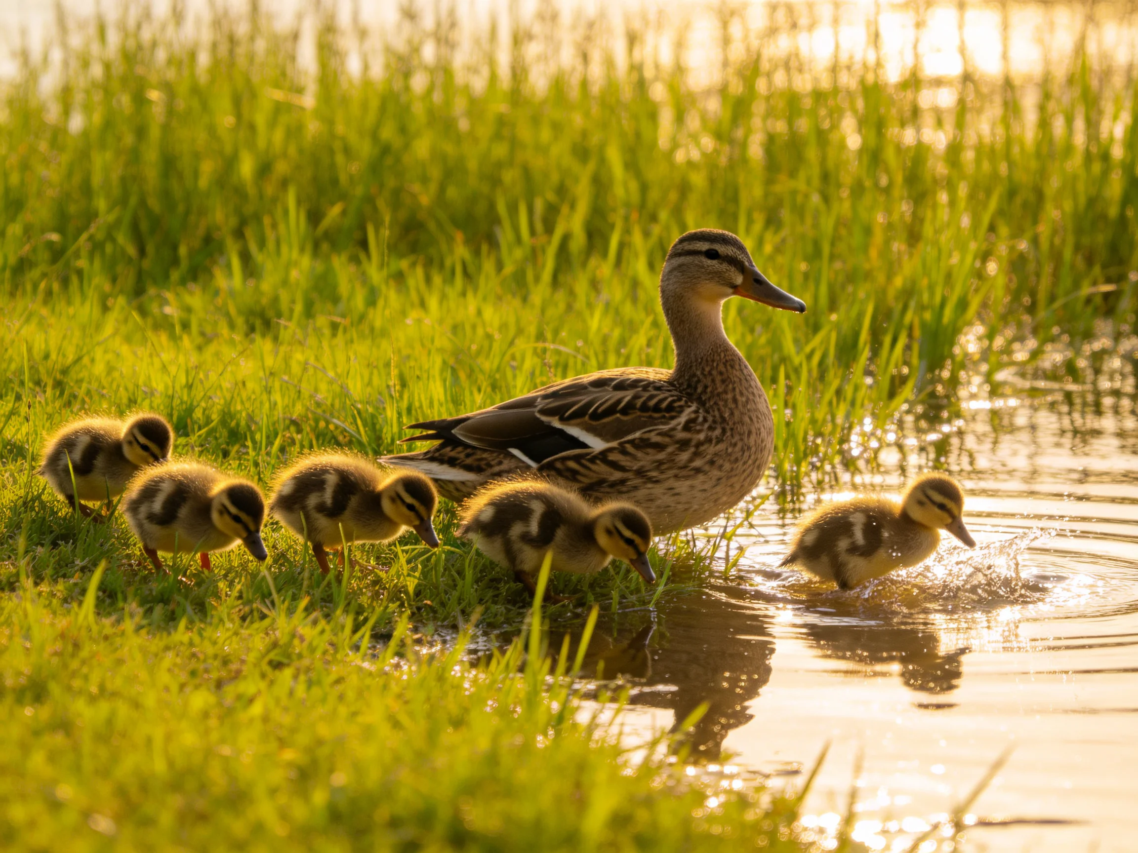 A mother duck with five ducklings near a sunlit waterway with tall green grass